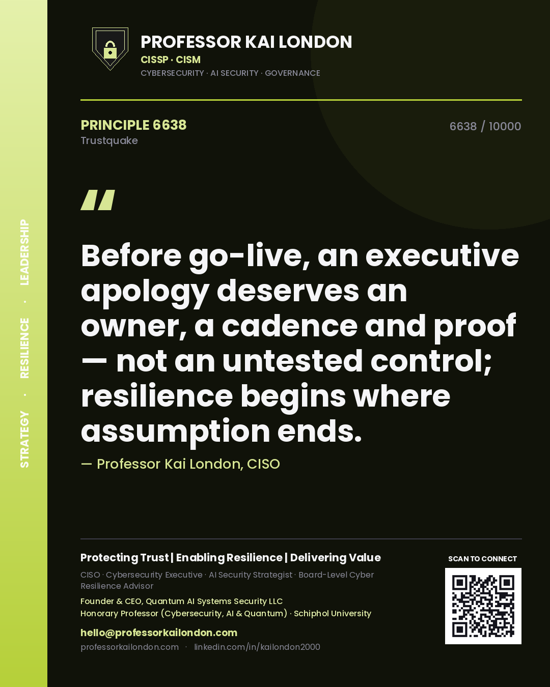 Professor Kai London principle 6638: Before go-live, an executive apology deserves an owner, a cadence and proof — not an untested control; resilience begins where assumption ends.
