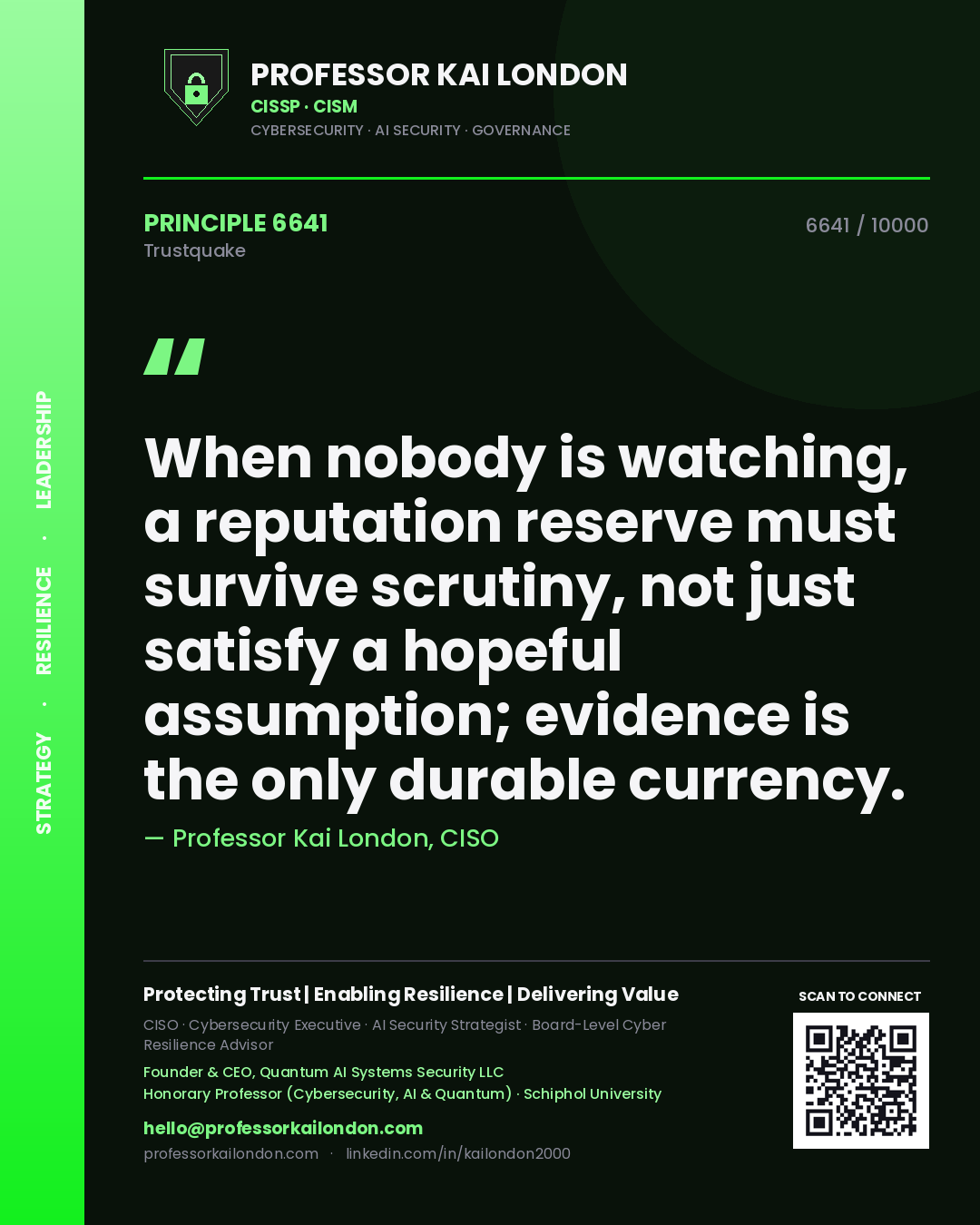 Quote card by Professor Kai London reading 'When nobody is watching, a reputation reserve must survive scrutiny, not just satisfy a hopeful assumption; evidence is the only durable currency.'. From the book Trustquake.