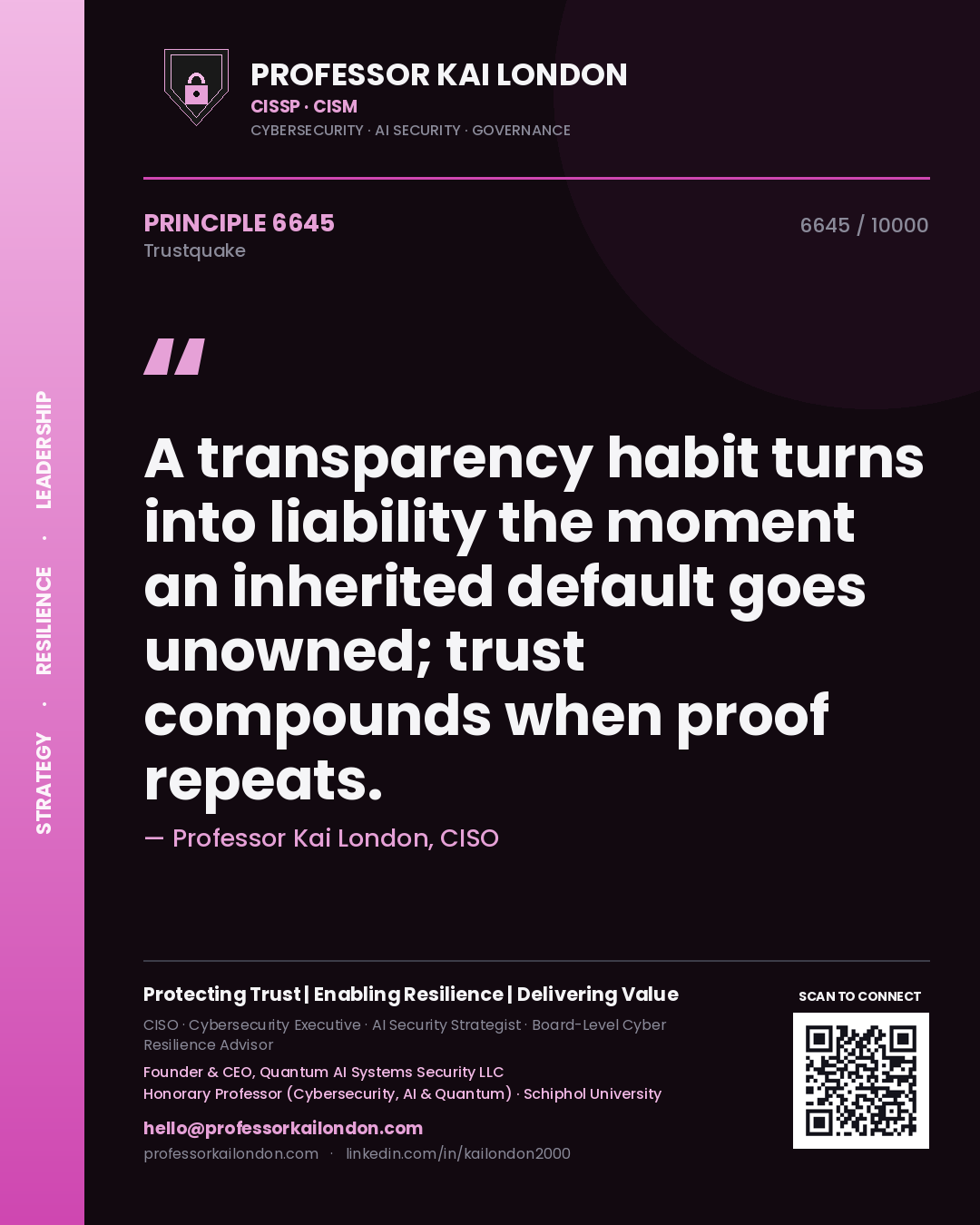 Professor Kai London principle 6645: A transparency habit turns into liability the moment an inherited default goes unowned; trust compounds when proof repeats.