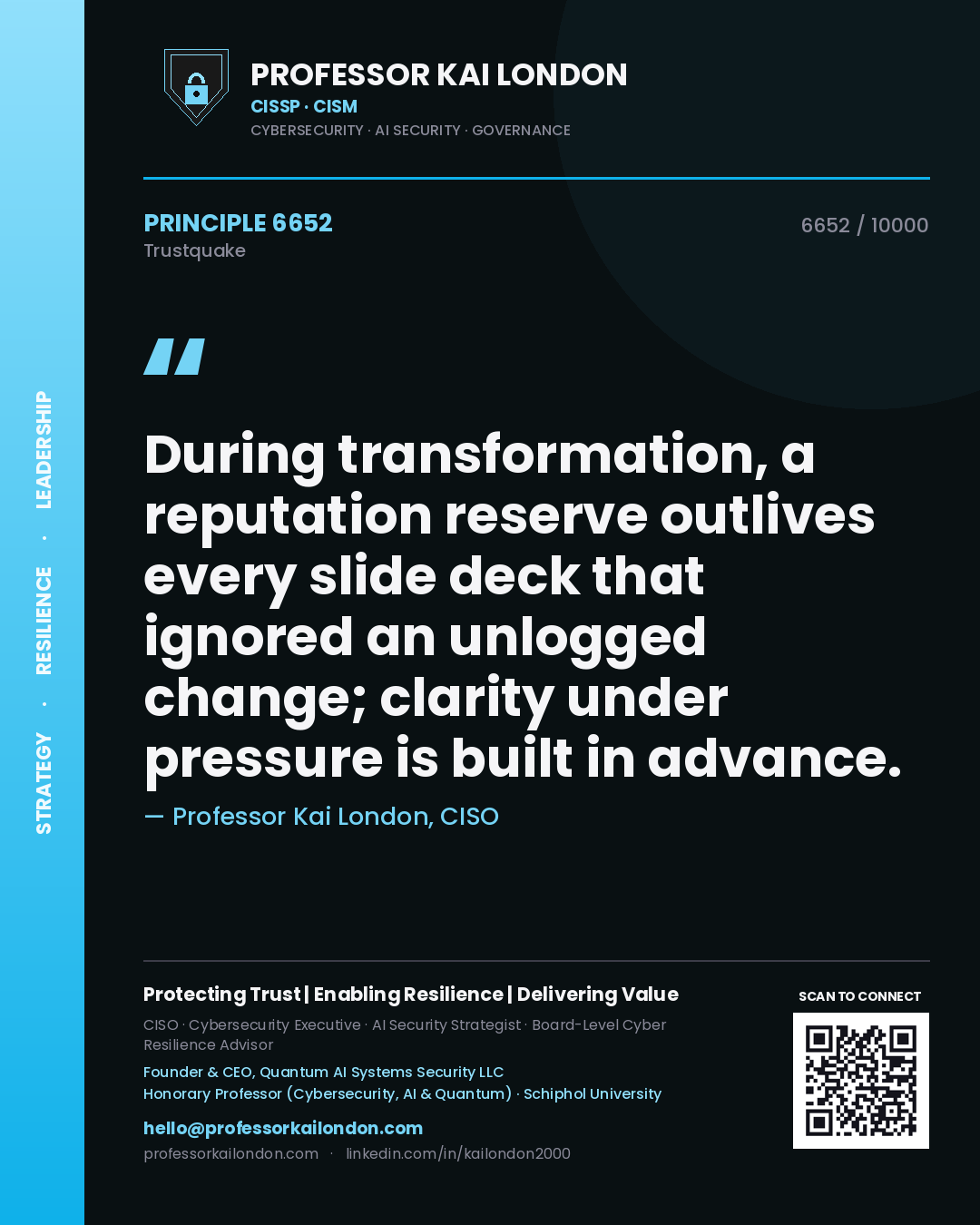 Professor Kai London principle 6652: During transformation, a reputation reserve outlives every slide deck that ignored an unlogged change; clarity under pressure is built in advance.
