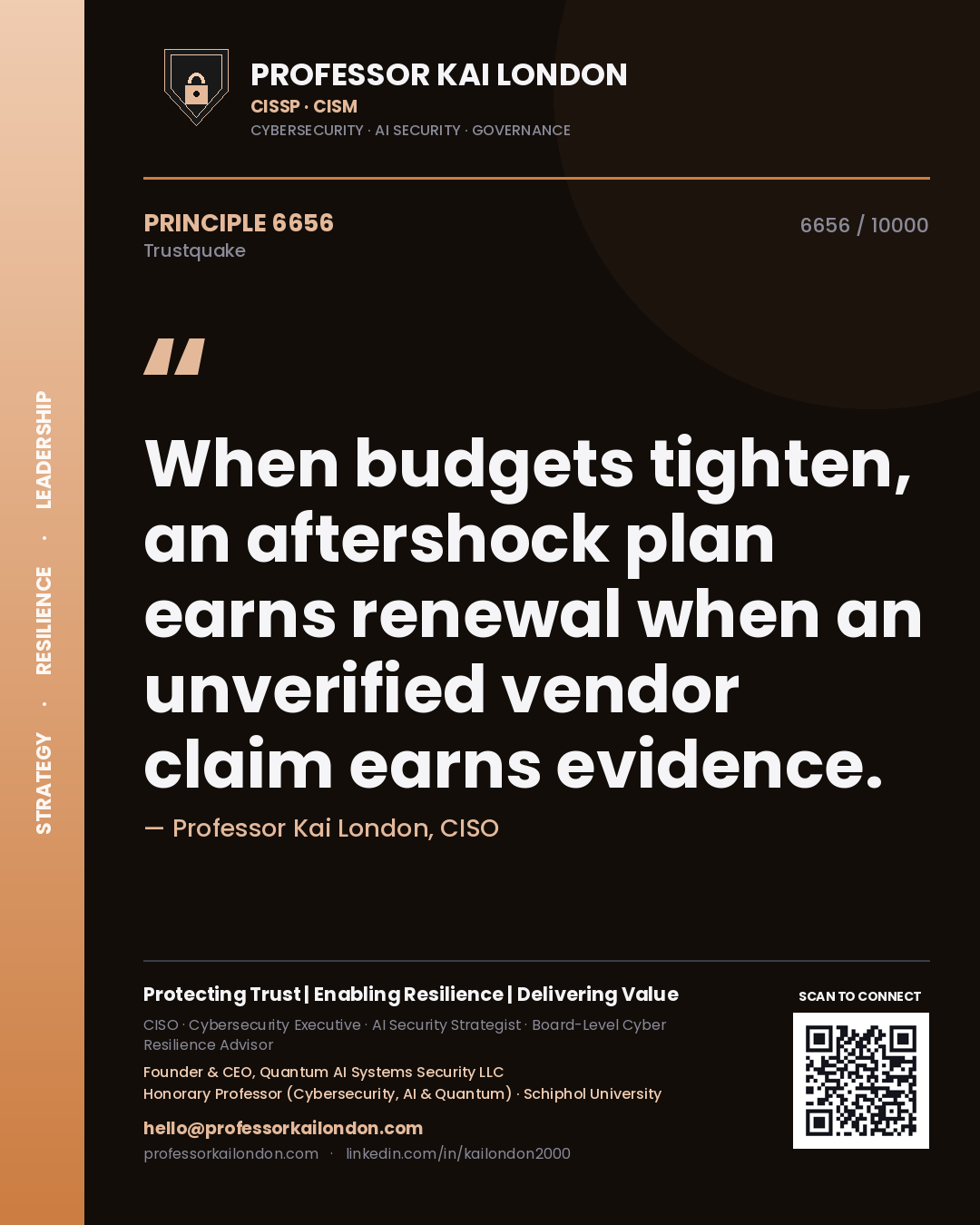 Professor Kai London principle 6656: When budgets tighten, an aftershock plan earns renewal when an unverified vendor claim earns evidence.