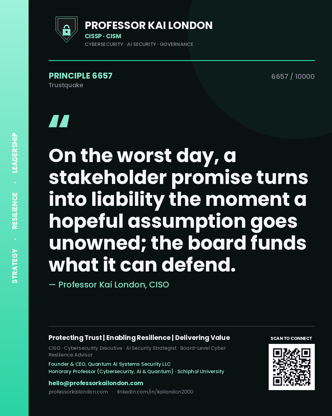 Quote card by Professor Kai London reading 'On the worst day, a stakeholder promise turns into liability the moment a hopeful assumption goes unowned; the board funds what it can defend.'. From the book Trustquake.