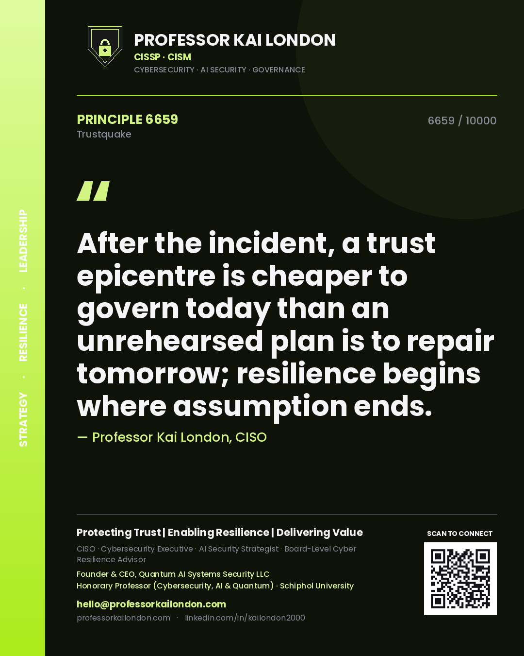 Quote card by Professor Kai London reading 'After the incident, a trust epicentre is cheaper to govern today than an unrehearsed plan is to repair tomorrow; resilience begins where assumption ends.'. From the book Trustquake.