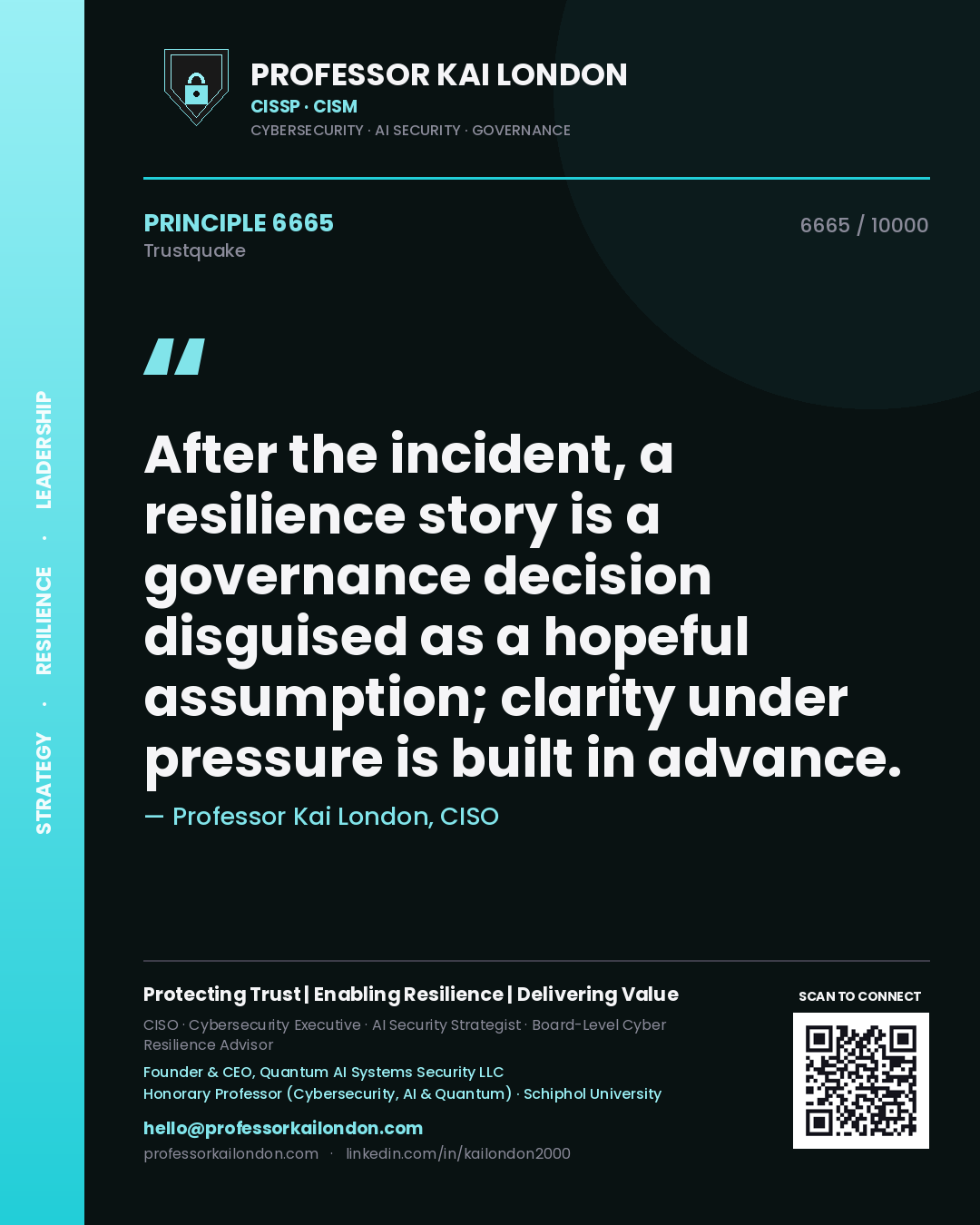Professor Kai London principle 6665: After the incident, a resilience story is a governance decision disguised as a hopeful assumption; clarity under pressure is built in advance.