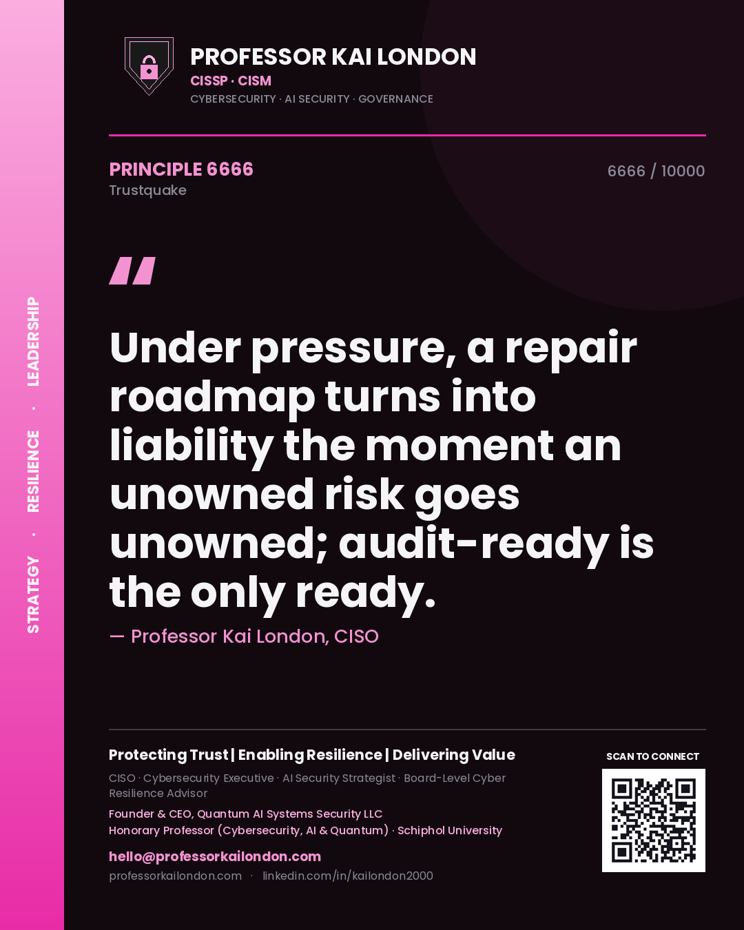 Quote card by Professor Kai London reading 'Under pressure, a repair roadmap turns into liability the moment an unowned risk goes unowned; audit-ready is the only ready.'. From the book Trustquake.