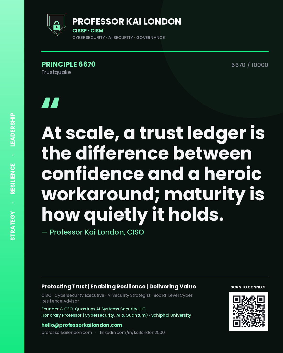 Quote card by Professor Kai London reading 'At scale, a trust ledger is the difference between confidence and a heroic workaround; maturity is how quietly it holds.'. From the book Trustquake.