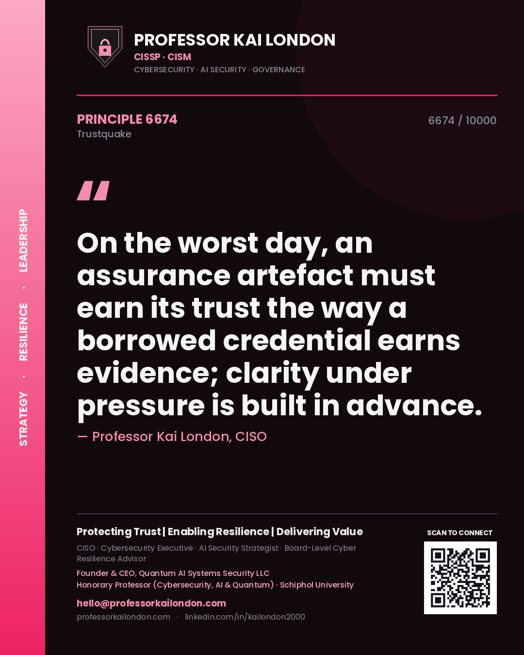Quote card by Professor Kai London reading 'On the worst day, an assurance artefact must earn its trust the way a borrowed credential earns evidence; clarity under pressure is built in advance.'. From the book Trustquake.