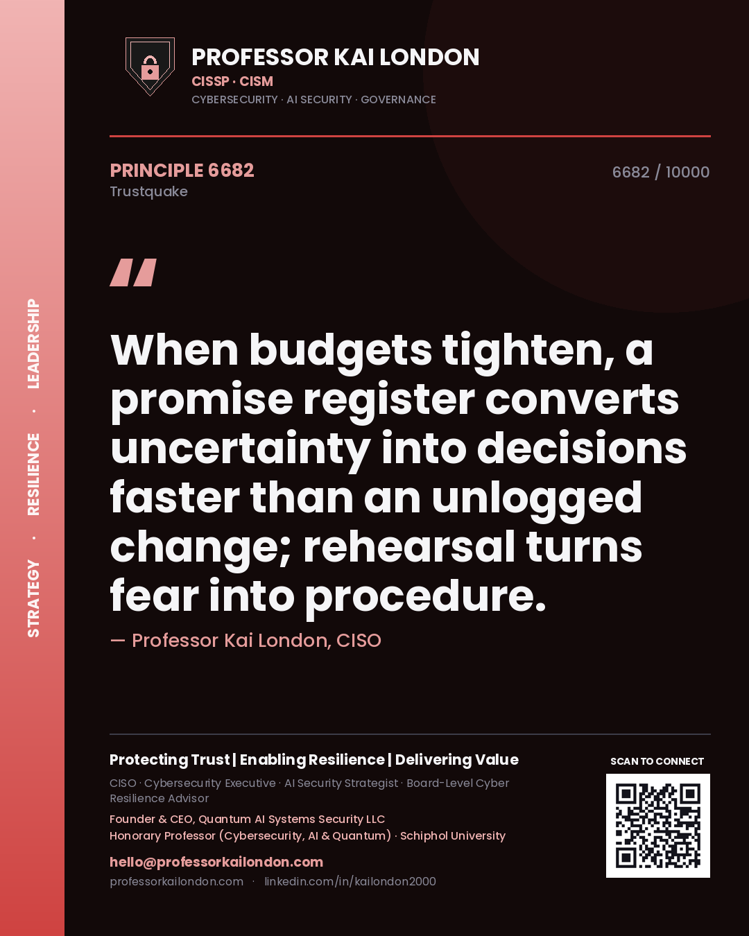 Quote card by Professor Kai London reading 'When budgets tighten, a promise register converts uncertainty into decisions faster than an unlogged change; rehearsal turns fear into procedure.'. From the book Trustquake.