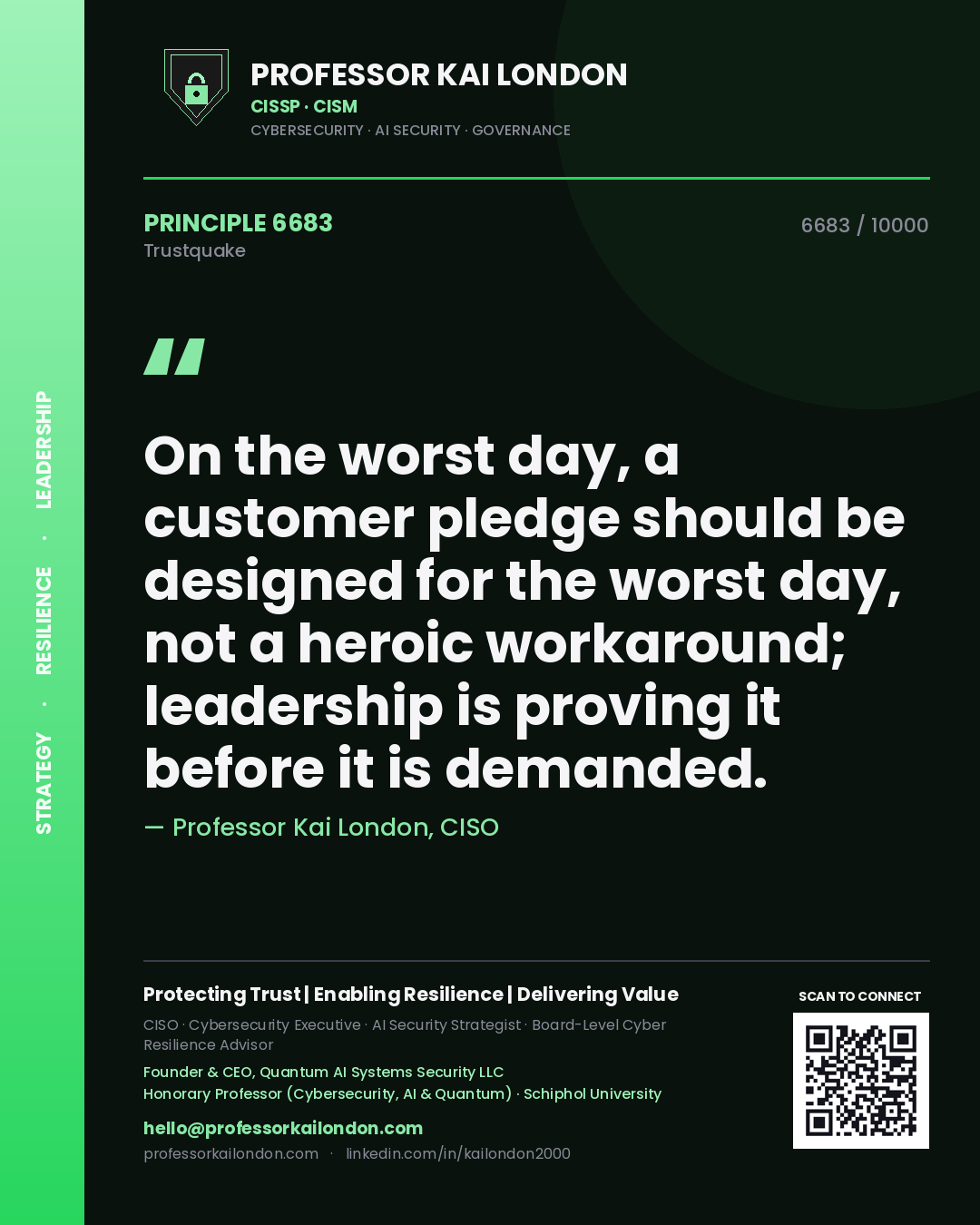 Quote card by Professor Kai London reading 'On the worst day, a customer pledge should be designed for the worst day, not a heroic workaround; leadership is proving it before it is demanded.'. From the book Trustquake.