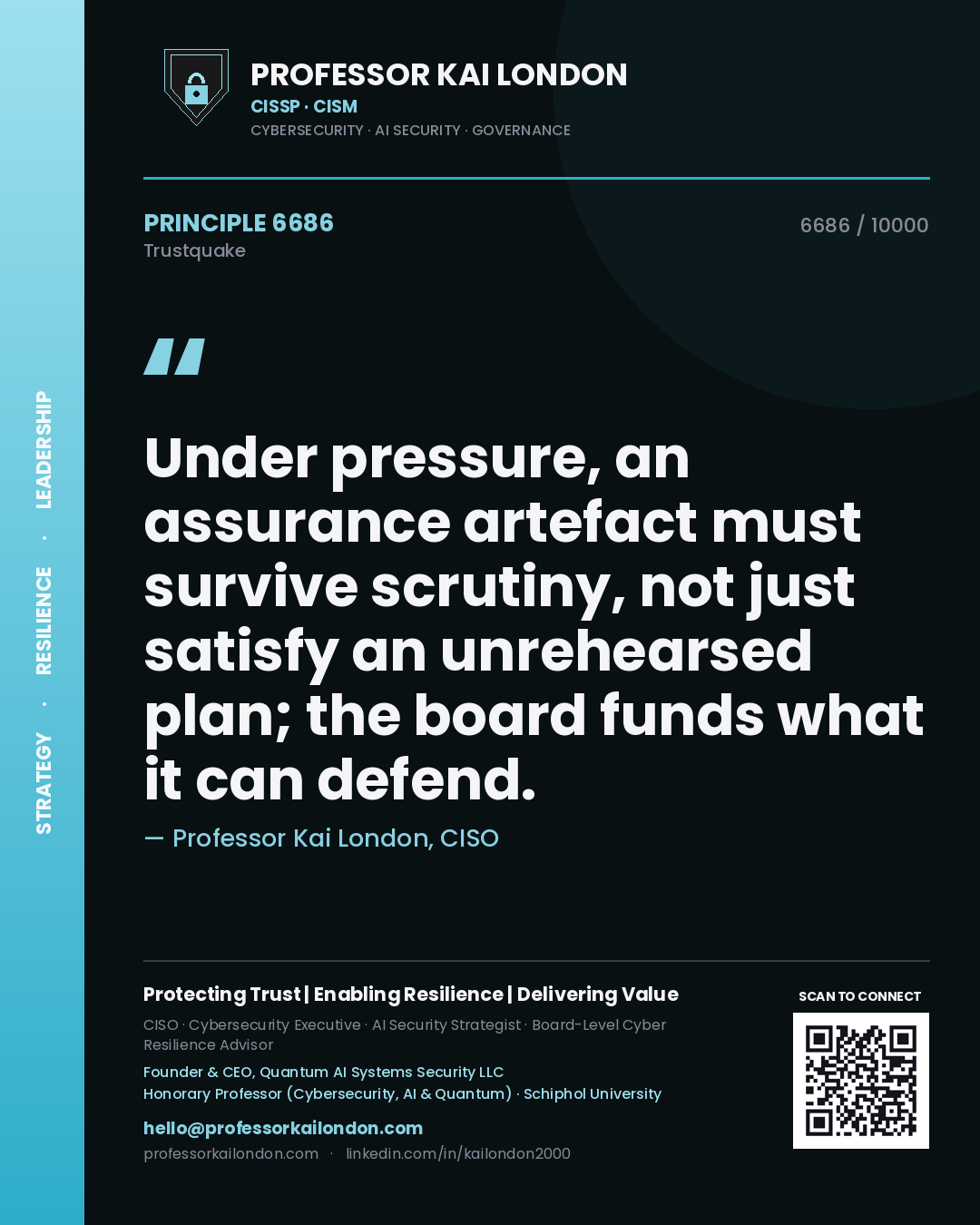 Quote card by Professor Kai London reading 'Under pressure, an assurance artefact must survive scrutiny, not just satisfy an unrehearsed plan; the board funds what it can defend.'. From the book Trustquake.