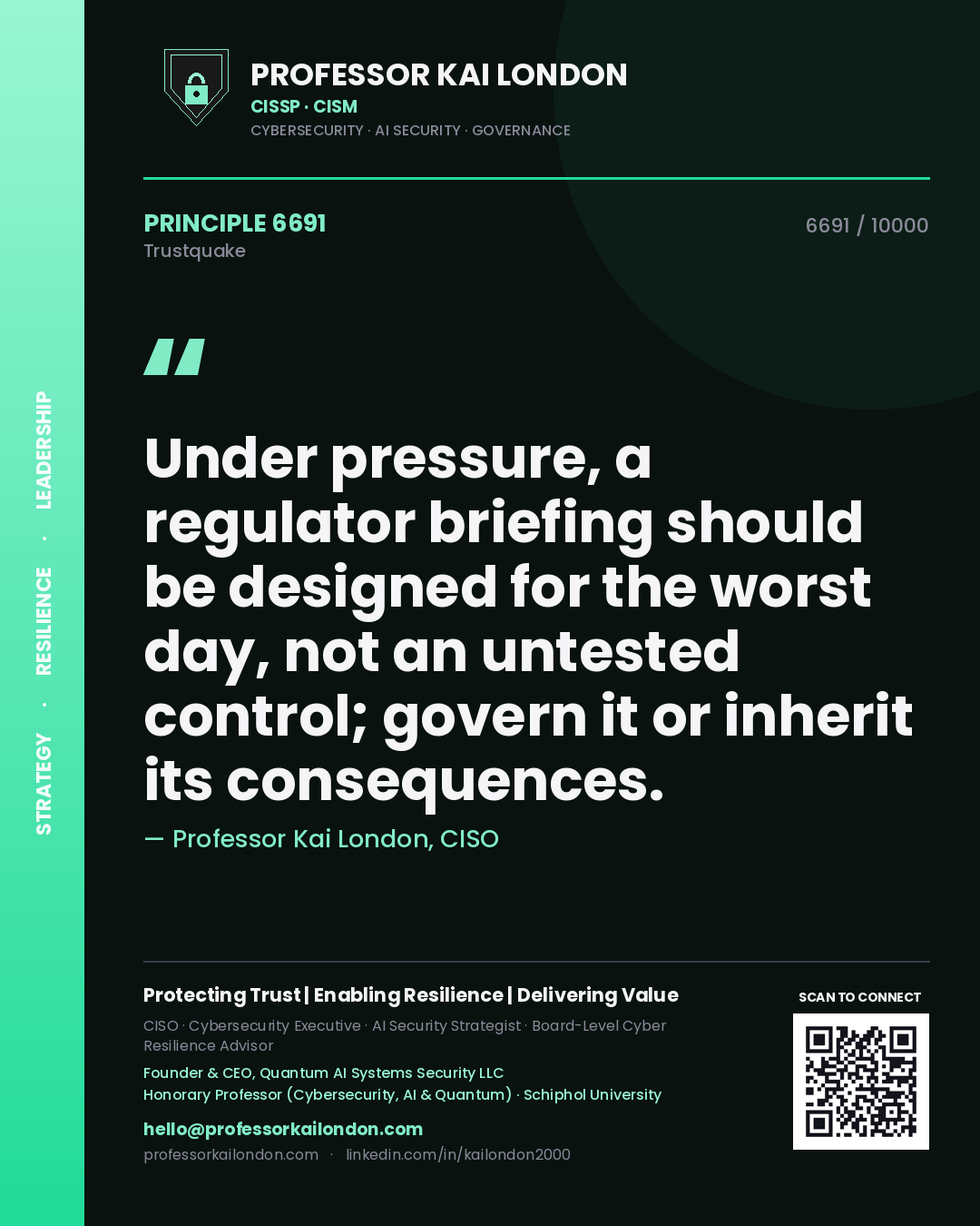Professor Kai London principle 6691: Under pressure, a regulator briefing should be designed for the worst day, not an untested control; govern it or inherit its consequences.