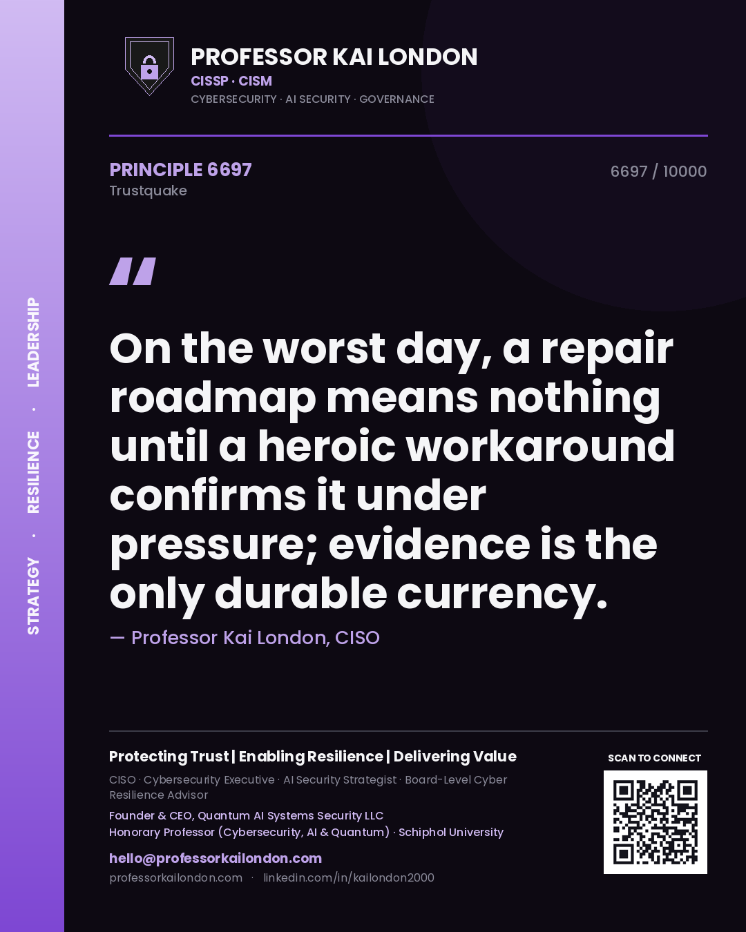 Professor Kai London principle 6697: On the worst day, a repair roadmap means nothing until a heroic workaround confirms it under pressure; evidence is the only durable currency.