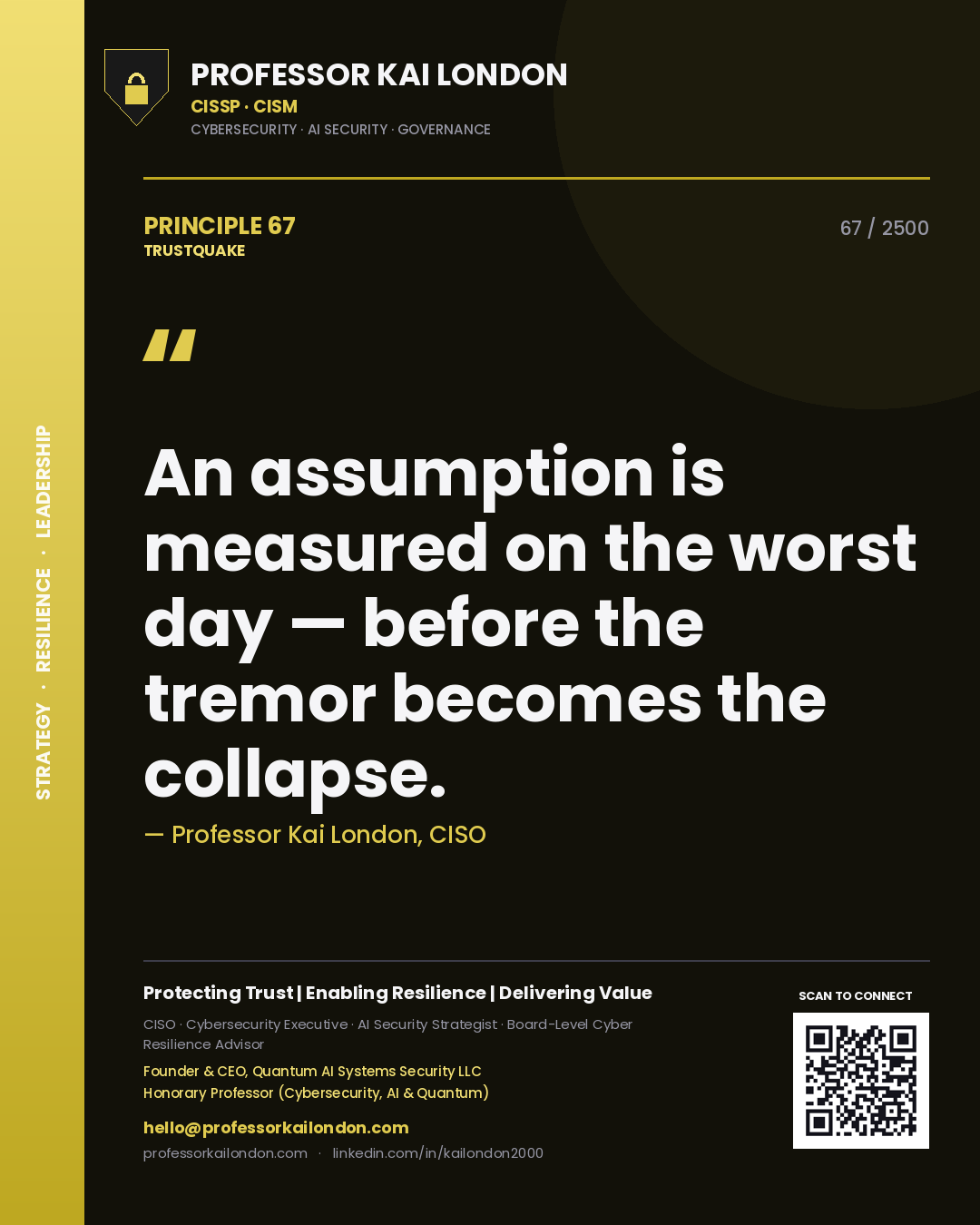 Quote card by Professor Kai London reading 'An assumption is measured on the worst day — before the tremor becomes the collapse.'. From the book Trustquake.