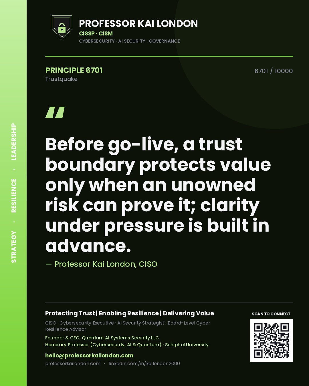 Quote card by Professor Kai London reading 'Before go-live, a trust boundary protects value only when an unowned risk can prove it; clarity under pressure is built in advance.'. From the book Trustquake.