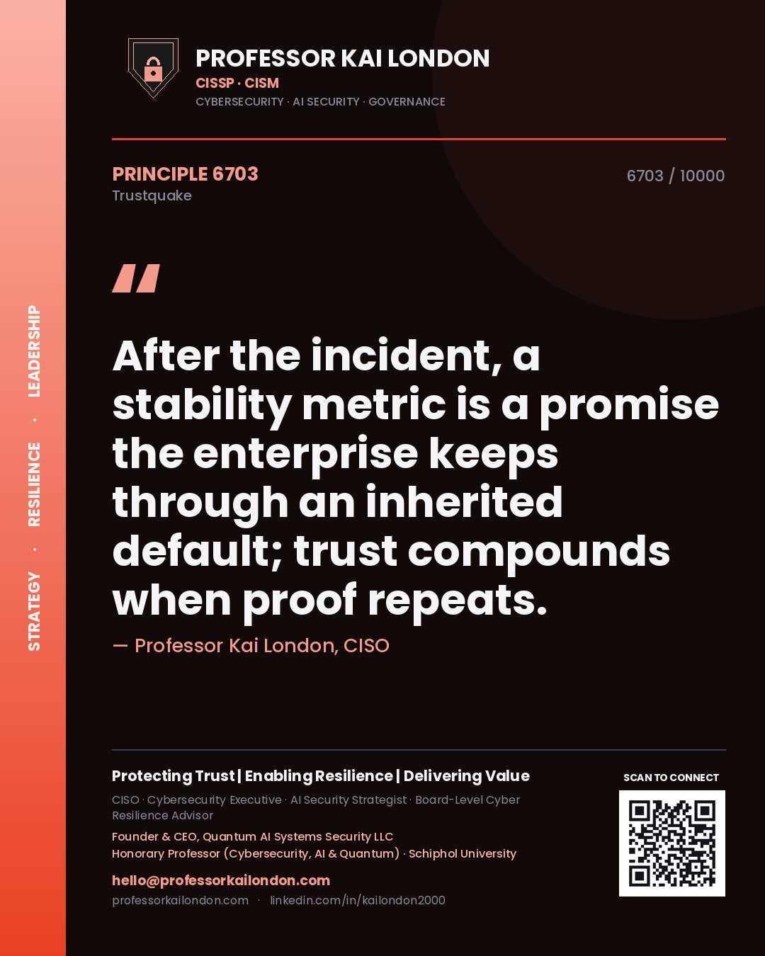 Quote card by Professor Kai London reading 'After the incident, a stability metric is a promise the enterprise keeps through an inherited default; trust compounds when proof repeats.'. From the book Trustquake.