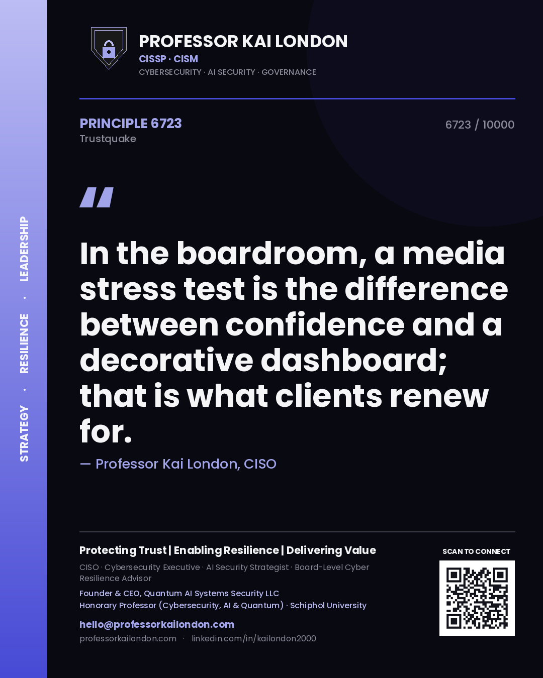 Quote card by Professor Kai London reading 'In the boardroom, a media stress test is the difference between confidence and a decorative dashboard; that is what clients renew for.'. From the book Trustquake.