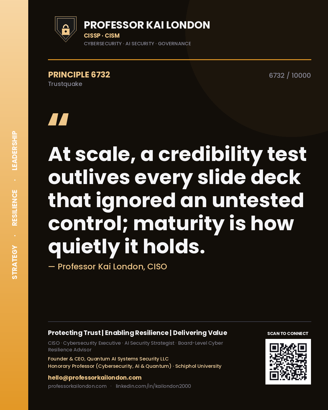 Quote card by Professor Kai London reading 'At scale, a credibility test outlives every slide deck that ignored an untested control; maturity is how quietly it holds.'. From the book Trustquake.