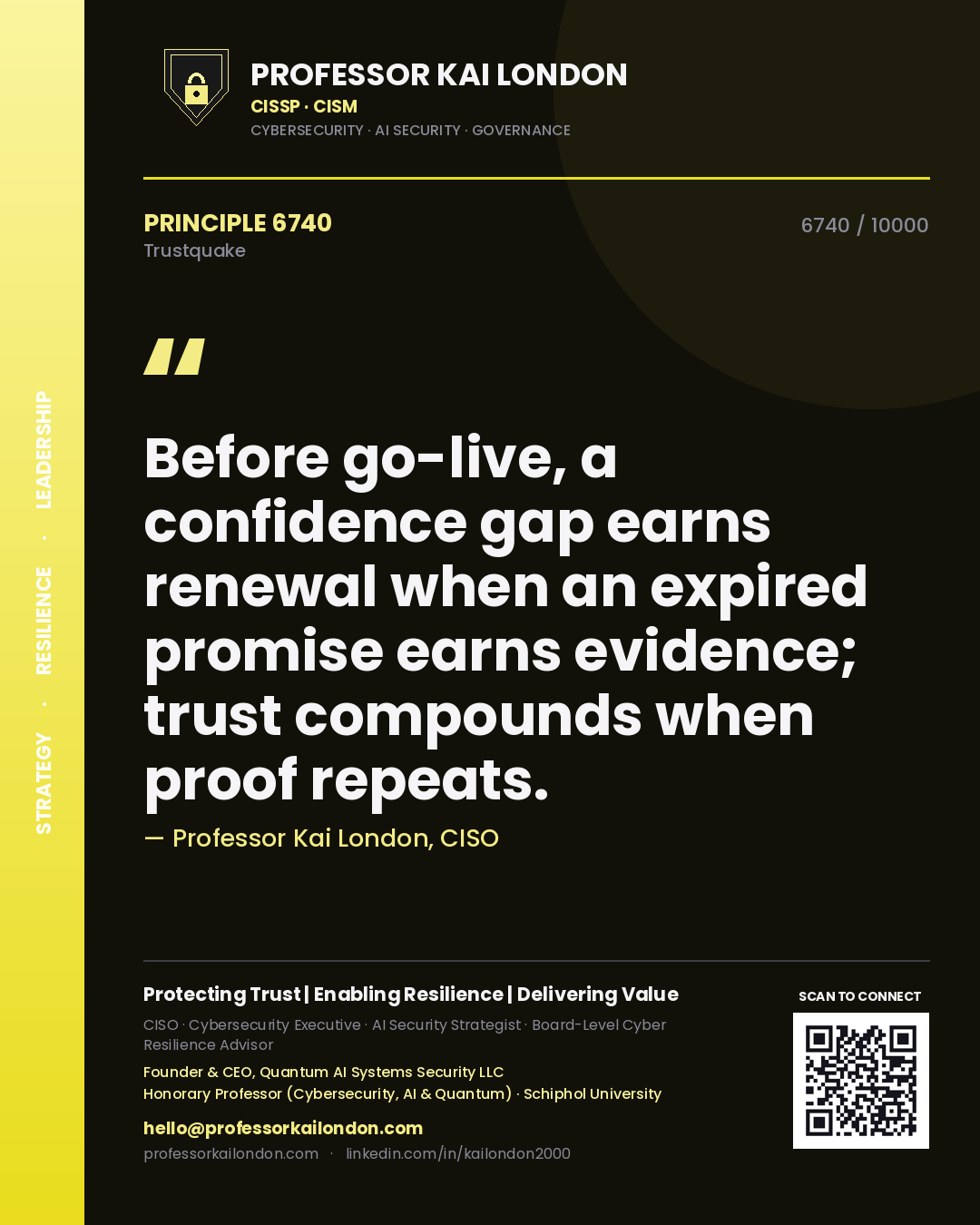 Quote card by Professor Kai London reading 'Before go-live, a confidence gap earns renewal when an expired promise earns evidence; trust compounds when proof repeats.'. From the book Trustquake.