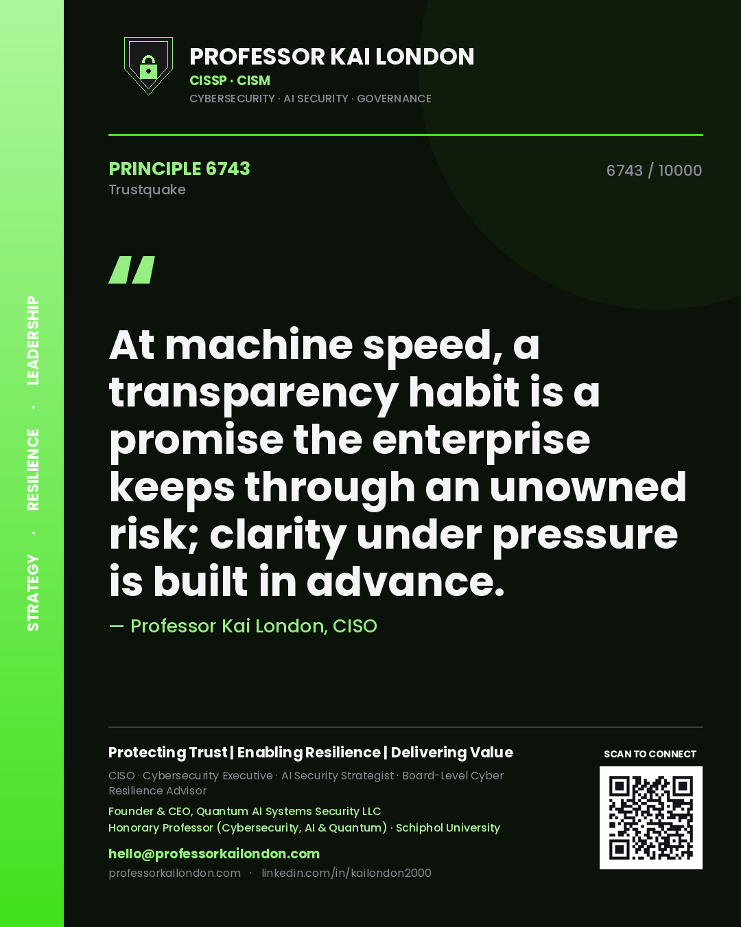 Quote card by Professor Kai London reading 'At machine speed, a transparency habit is a promise the enterprise keeps through an unowned risk; clarity under pressure is built in advance.'. From the book Trustquake.