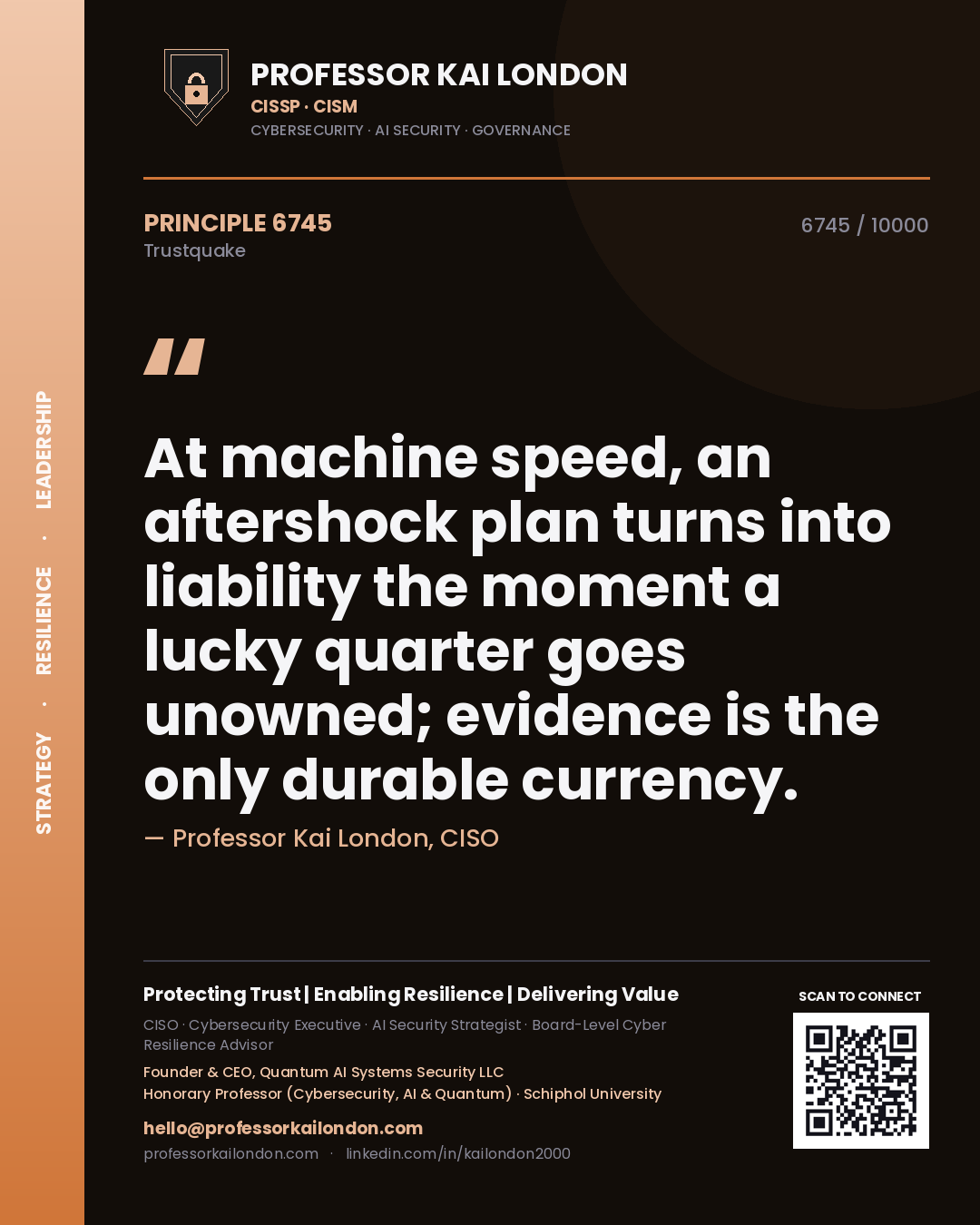 Quote card by Professor Kai London reading 'At machine speed, an aftershock plan turns into liability the moment a lucky quarter goes unowned; evidence is the only durable currency.'. From the book Trustquake.