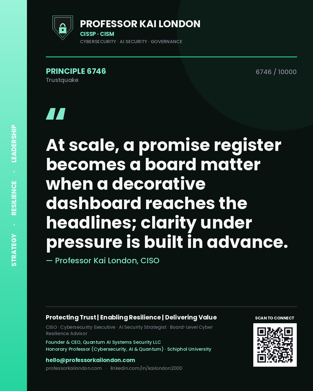 Quote card by Professor Kai London reading 'At scale, a promise register becomes a board matter when a decorative dashboard reaches the headlines; clarity under pressure is built in advance.'. From the book Trustquake.