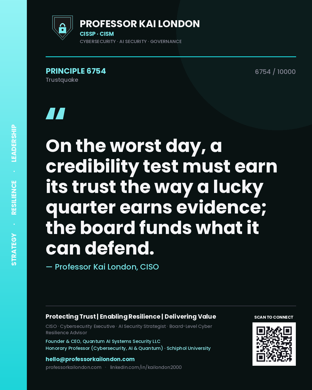 Quote card by Professor Kai London reading 'On the worst day, a credibility test must earn its trust the way a lucky quarter earns evidence; the board funds what it can defend.'. From the book Trustquake.