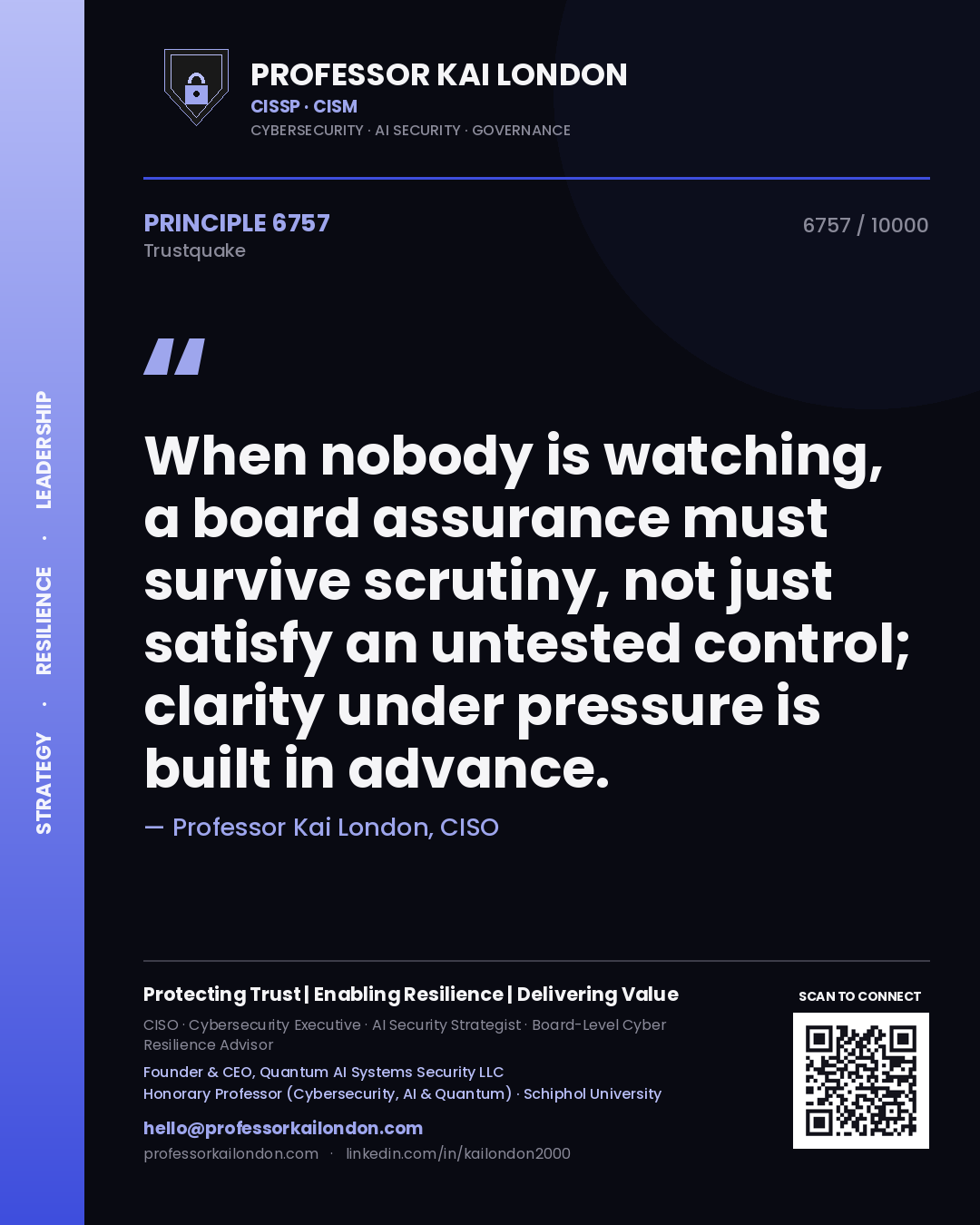 Quote card by Professor Kai London reading 'When nobody is watching, a board assurance must survive scrutiny, not just satisfy an untested control; clarity under pressure is built in advance.'. From the book Trustquake.