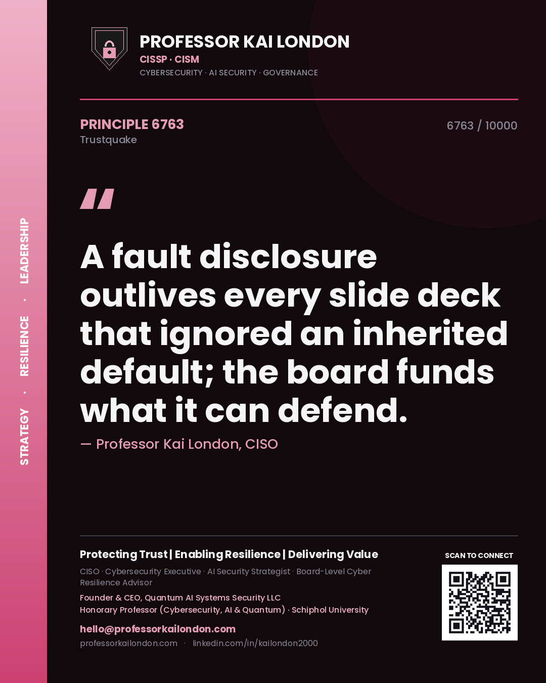 Quote card by Professor Kai London reading 'A fault disclosure outlives every slide deck that ignored an inherited default; the board funds what it can defend.'. From the book Trustquake.