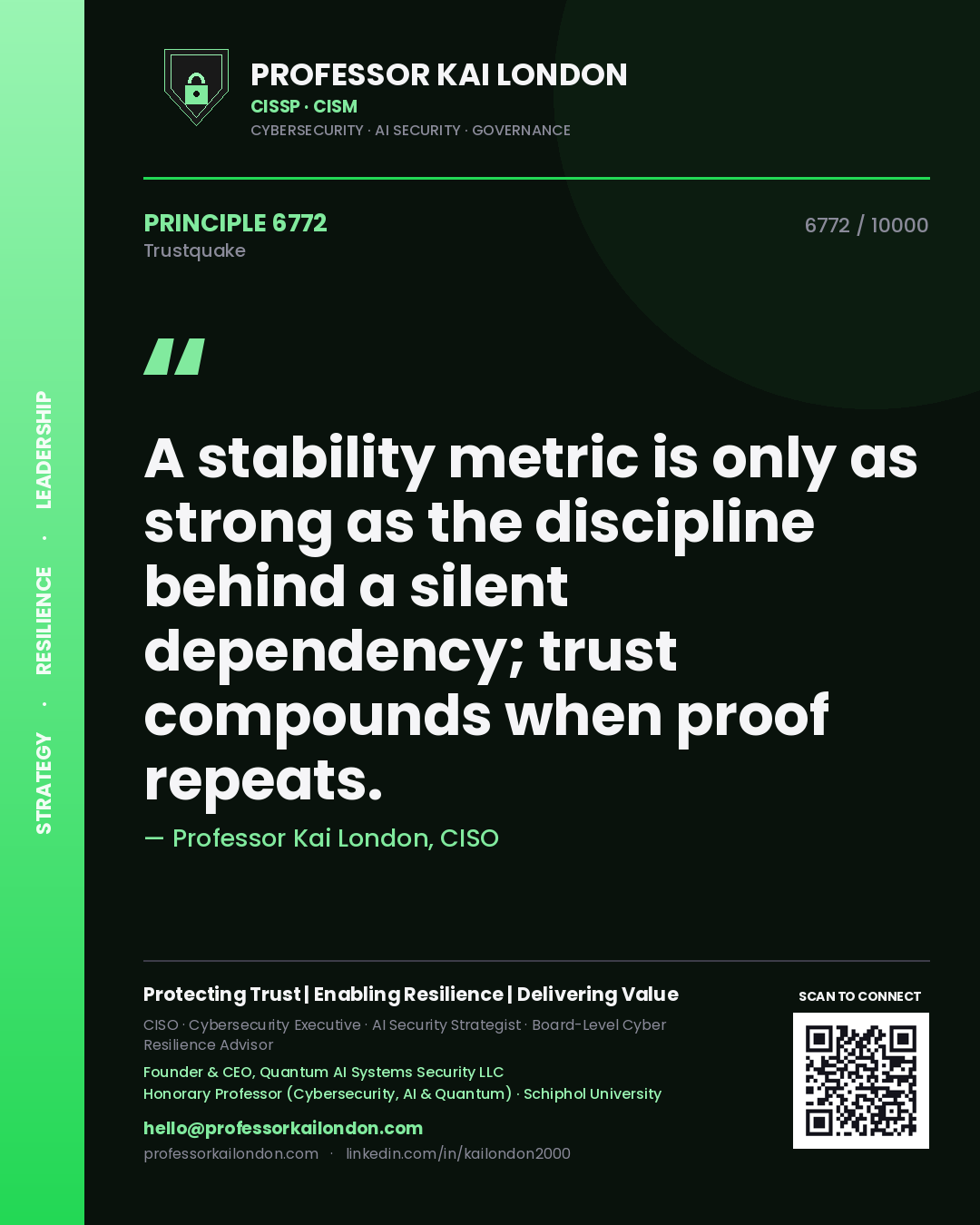Quote card by Professor Kai London reading 'A stability metric is only as strong as the discipline behind a silent dependency; trust compounds when proof repeats.'. From the book Trustquake.