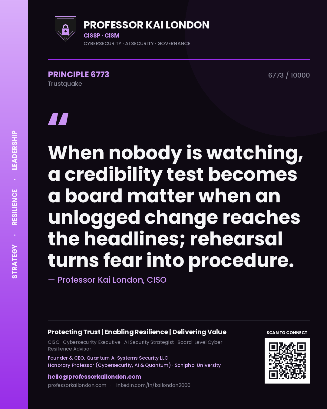 Quote card by Professor Kai London reading 'When nobody is watching, a credibility test becomes a board matter when an unlogged change reaches the headlines; rehearsal turns fear into procedure.'. From the book Trustquake.