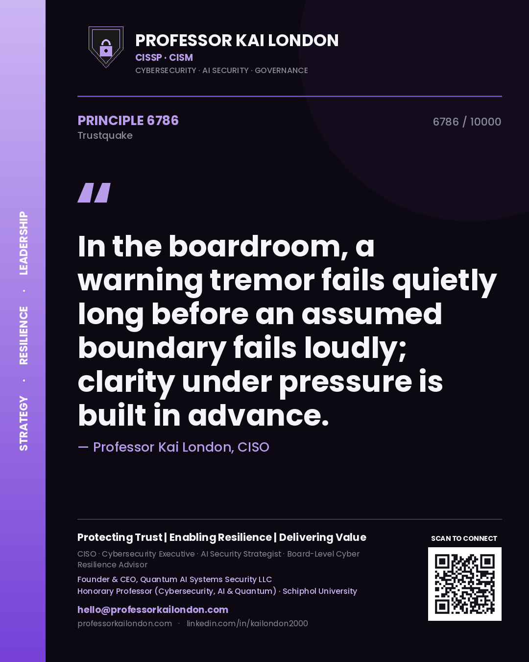 Quote card by Professor Kai London reading 'In the boardroom, a warning tremor fails quietly long before an assumed boundary fails loudly; clarity under pressure is built in advance.'. From the book Trustquake.
