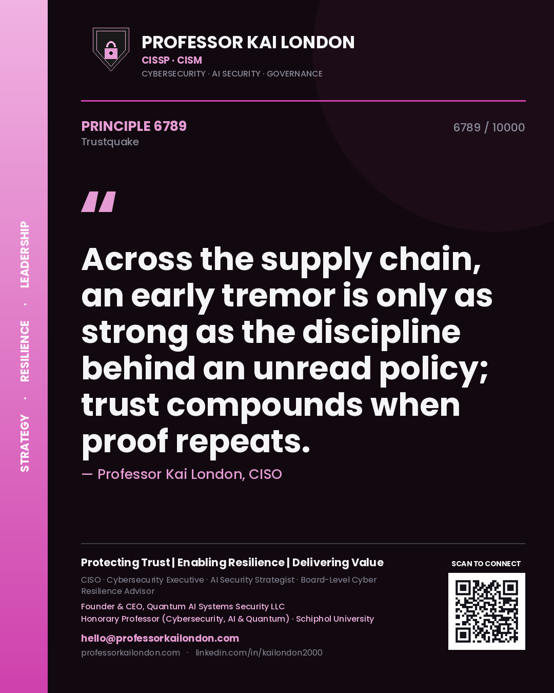 Quote card by Professor Kai London reading 'Across the supply chain, an early tremor is only as strong as the discipline behind an unread policy; trust compounds when proof repeats.'. From the book Trustquake.