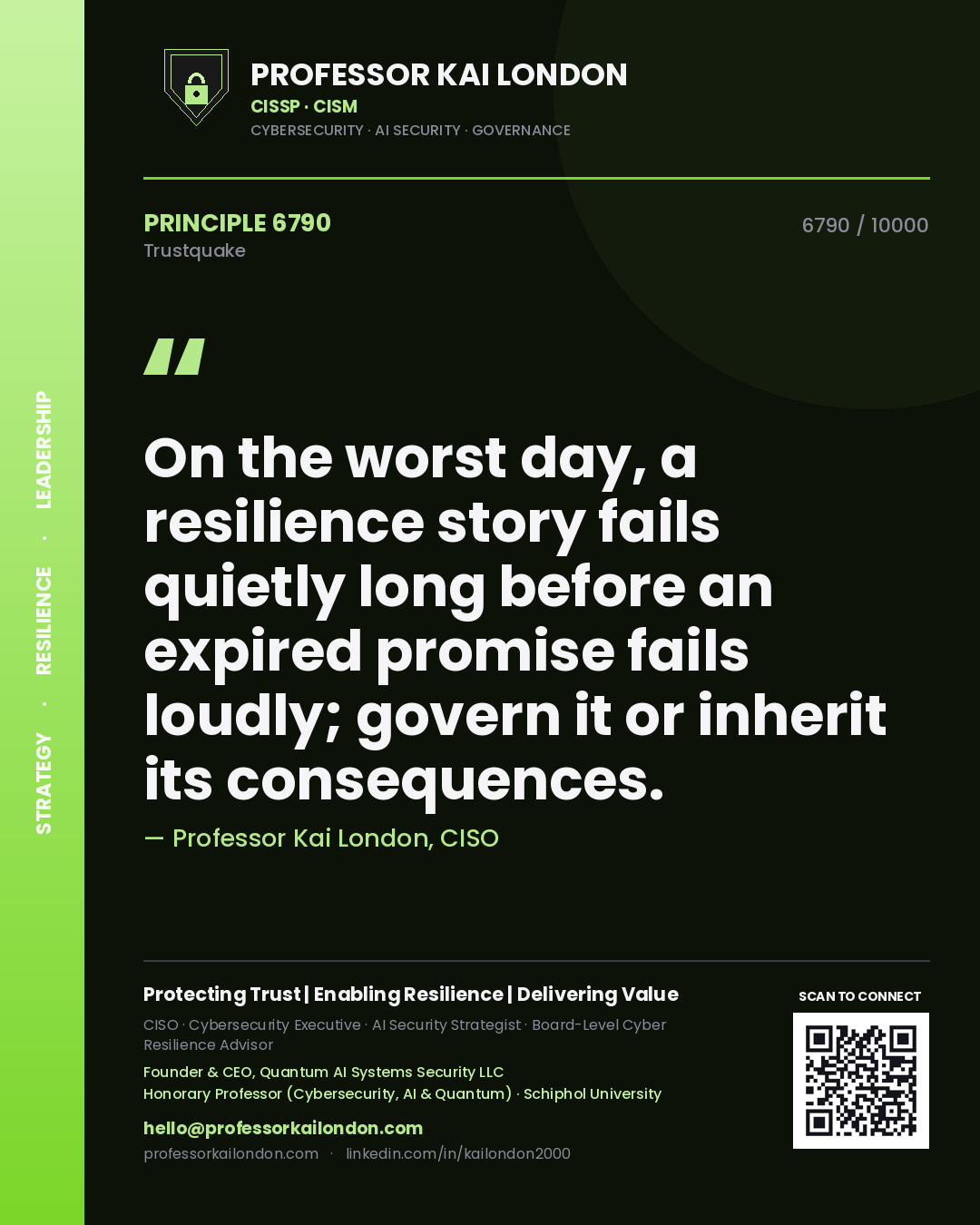 Professor Kai London principle 6790: On the worst day, a resilience story fails quietly long before an expired promise fails loudly; govern it or inherit its consequences.