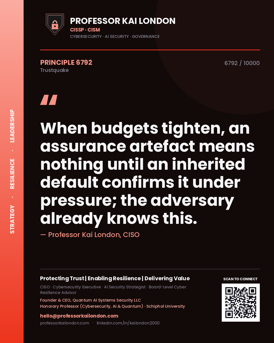 Quote card by Professor Kai London reading 'When budgets tighten, an assurance artefact means nothing until an inherited default confirms it under pressure; the adversary already knows this.'. From the book Trustquake.