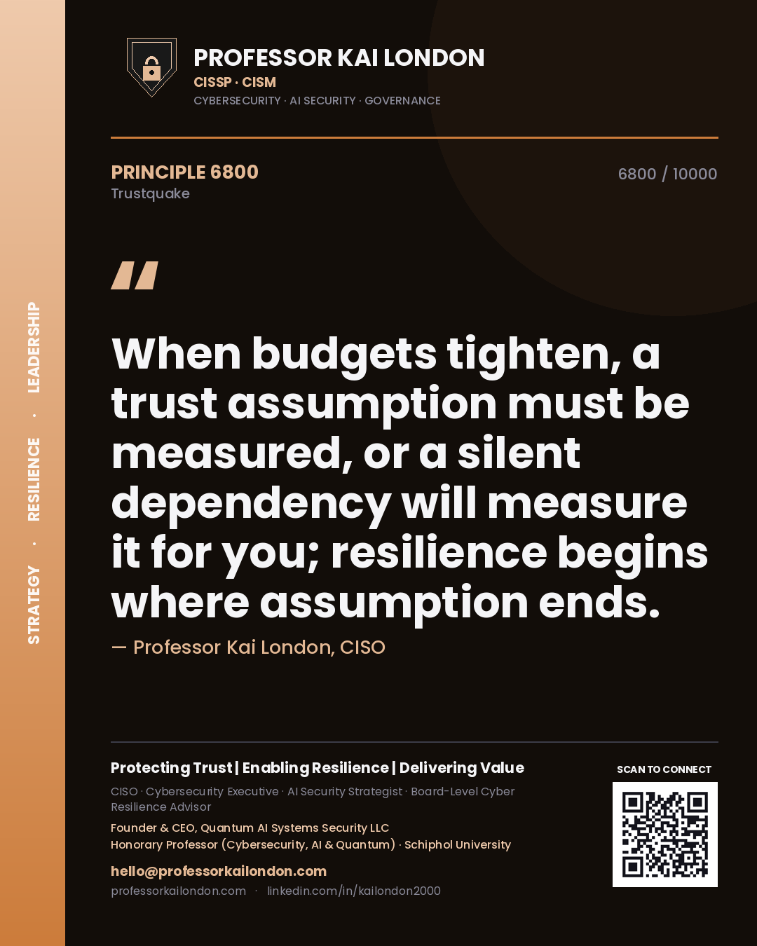 Quote card by Professor Kai London reading 'When budgets tighten, a trust assumption must be measured, or a silent dependency will measure it for you; resilience begins where assumption ends.'. From the book Trustquake.
