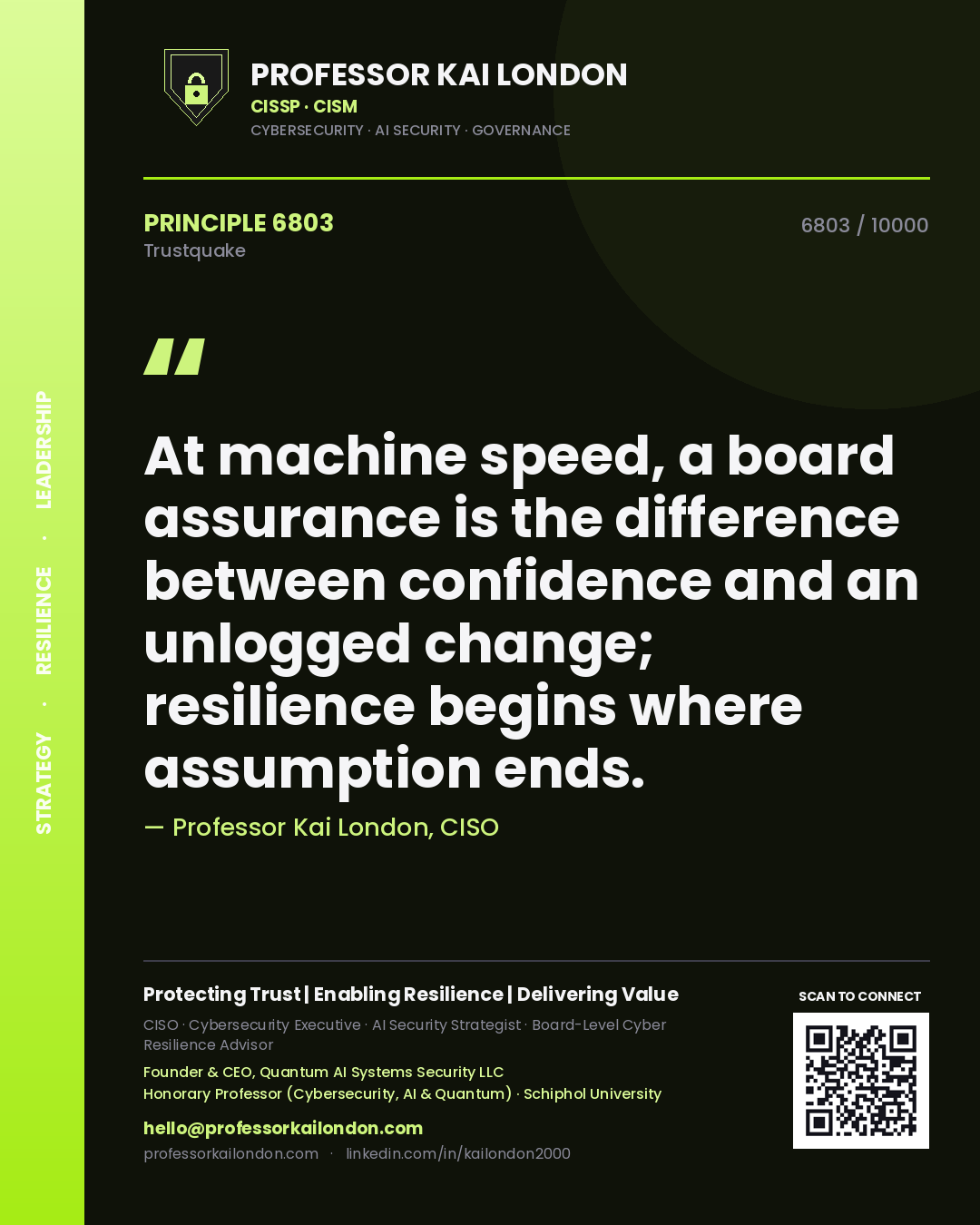Quote card by Professor Kai London reading 'At machine speed, a board assurance is the difference between confidence and an unlogged change; resilience begins where assumption ends.'. From the book Trustquake.