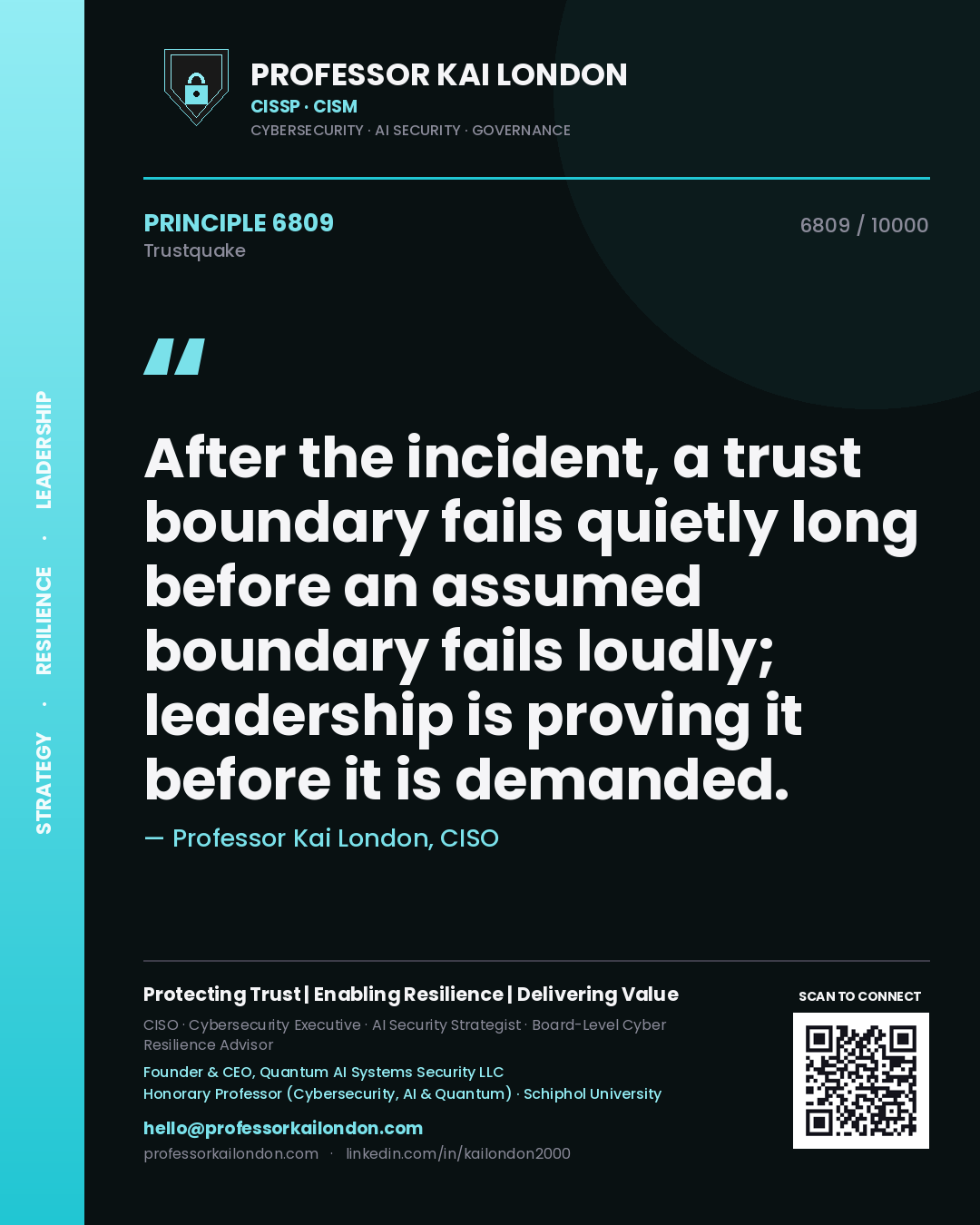Quote card by Professor Kai London reading 'After the incident, a trust boundary fails quietly long before an assumed boundary fails loudly; leadership is proving it before it is demanded.'. From the book Trustquake.
