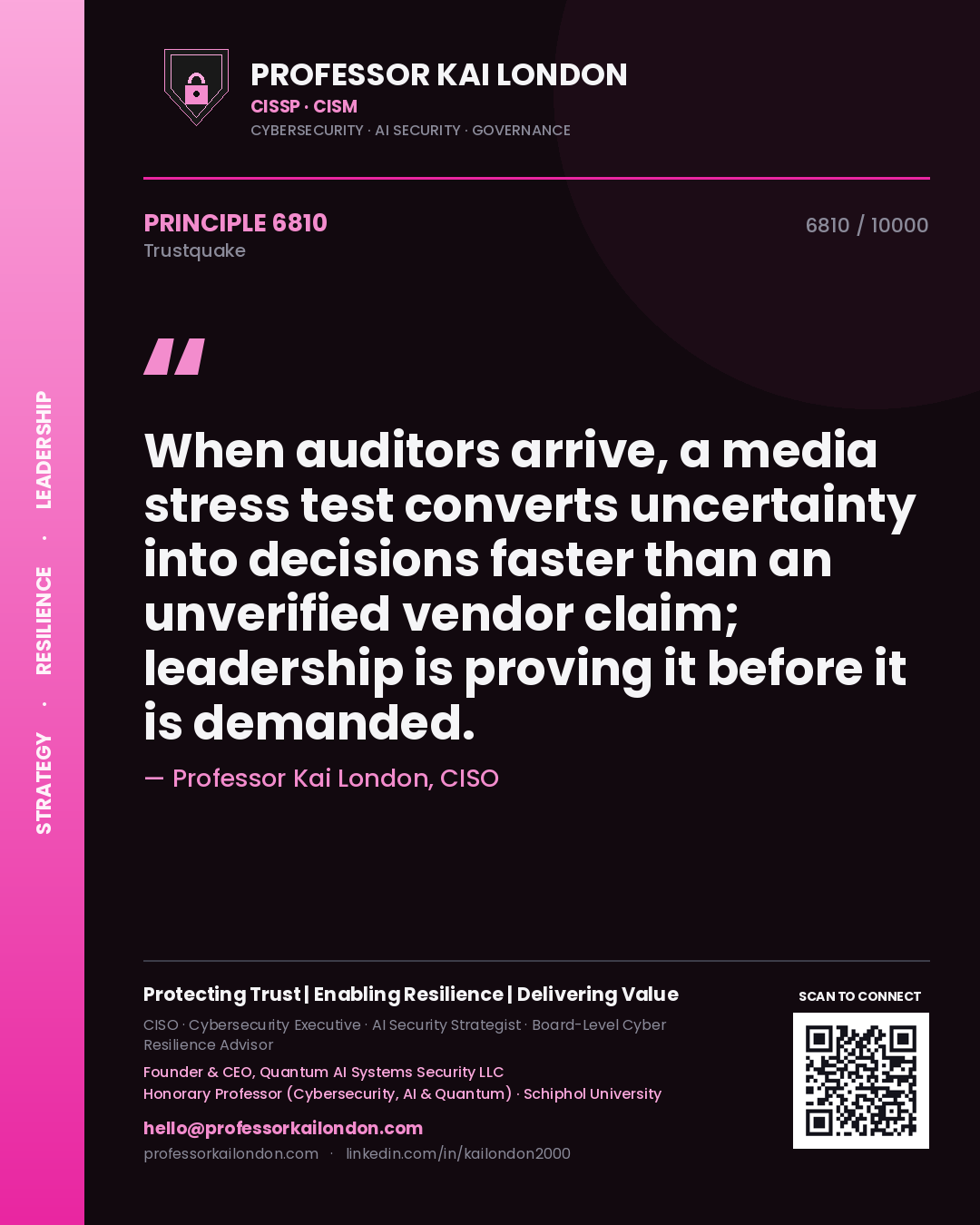 Quote card by Professor Kai London reading 'When auditors arrive, a media stress test converts uncertainty into decisions faster than an unverified vendor claim; leadership is proving it before it is demanded.'. From the book Trustquake.