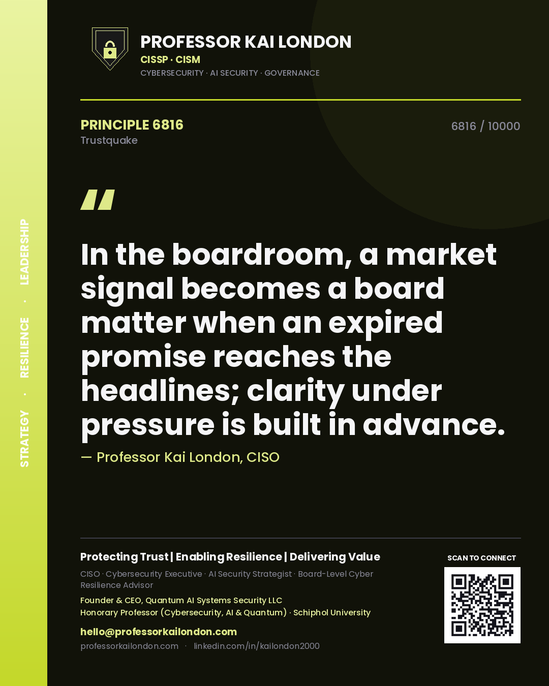 Quote card by Professor Kai London reading 'In the boardroom, a market signal becomes a board matter when an expired promise reaches the headlines; clarity under pressure is built in advance.'. From the book Trustquake.