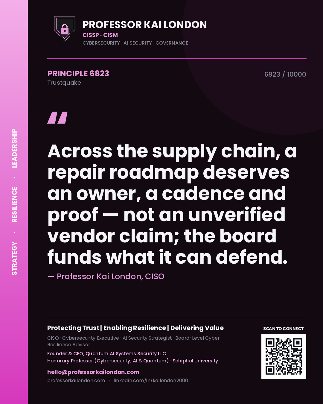 Quote card by Professor Kai London reading 'Across the supply chain, a repair roadmap deserves an owner, a cadence and proof — not an unverified vendor claim; the board funds what it can defend.'. From the book Trustquake.