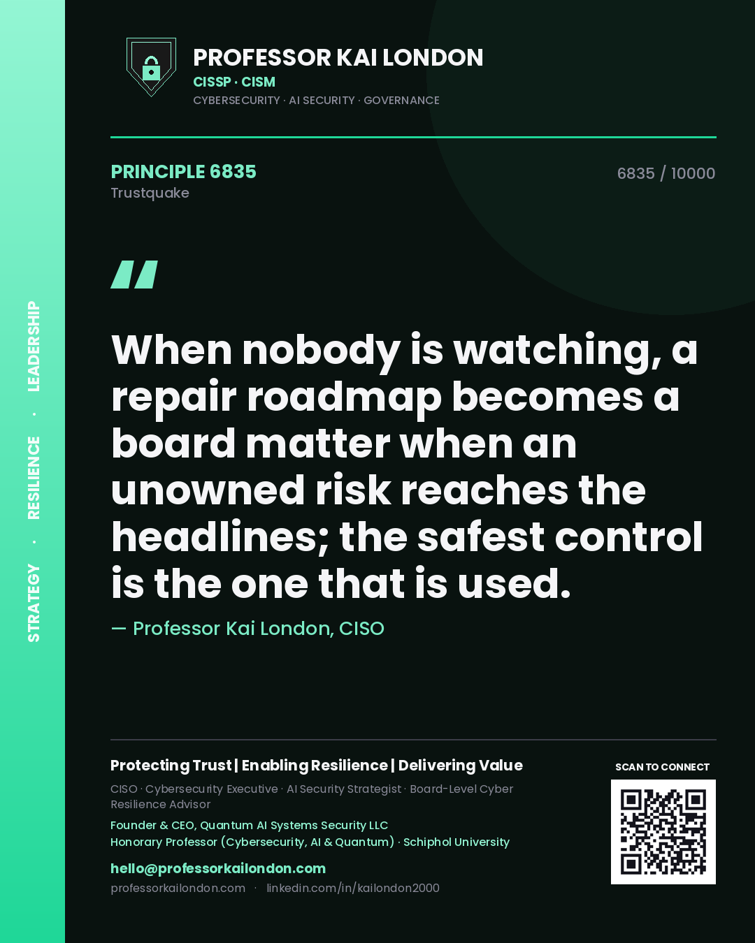 Quote card by Professor Kai London reading 'When nobody is watching, a repair roadmap becomes a board matter when an unowned risk reaches the headlines; the safest control is the one that is used.'. From the book Trustquake.