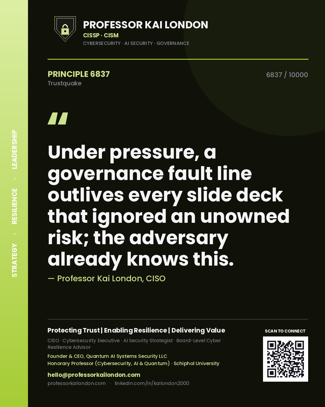 Quote card by Professor Kai London reading 'Under pressure, a governance fault line outlives every slide deck that ignored an unowned risk; the adversary already knows this.'. From the book Trustquake.