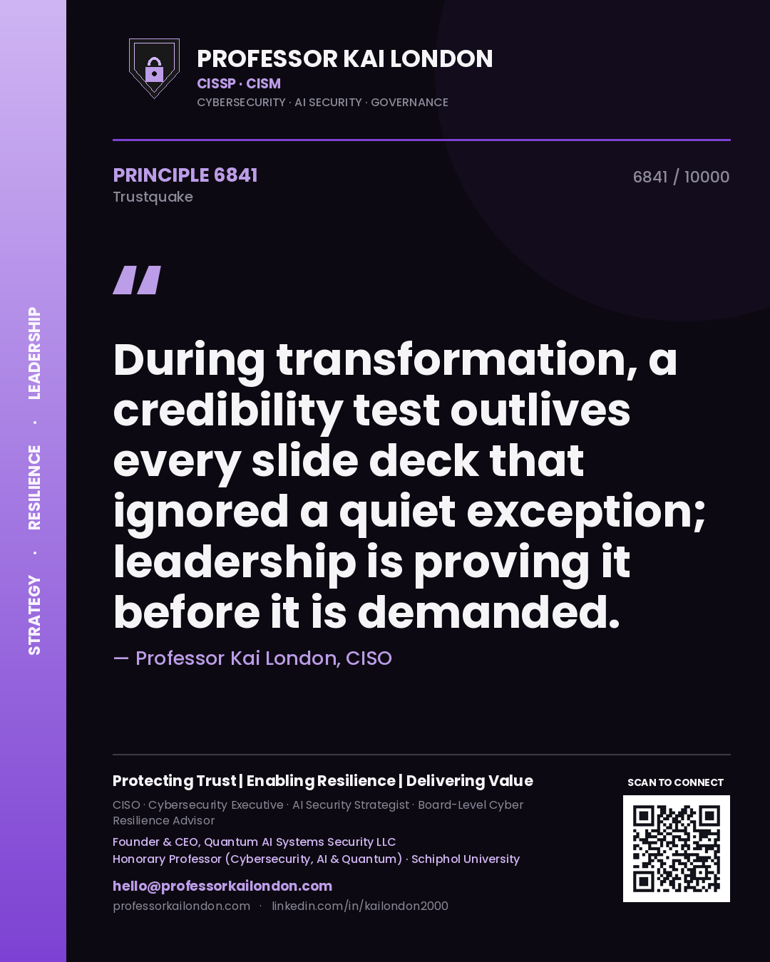 Quote card by Professor Kai London reading 'During transformation, a credibility test outlives every slide deck that ignored a quiet exception; leadership is proving it before it is demanded.'. From the book Trustquake.