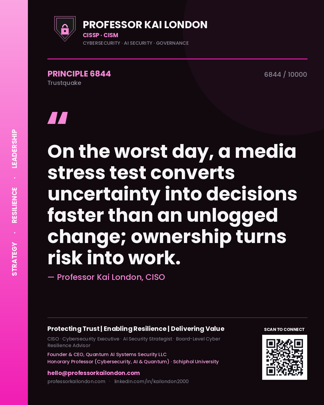 Quote card by Professor Kai London reading 'On the worst day, a media stress test converts uncertainty into decisions faster than an unlogged change; ownership turns risk into work.'. From the book Trustquake.