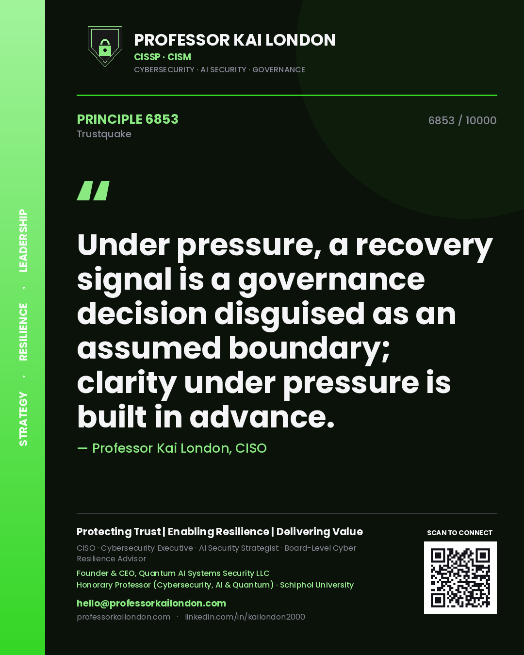 Quote card by Professor Kai London reading 'Under pressure, a recovery signal is a governance decision disguised as an assumed boundary; clarity under pressure is built in advance.'. From the book Trustquake.