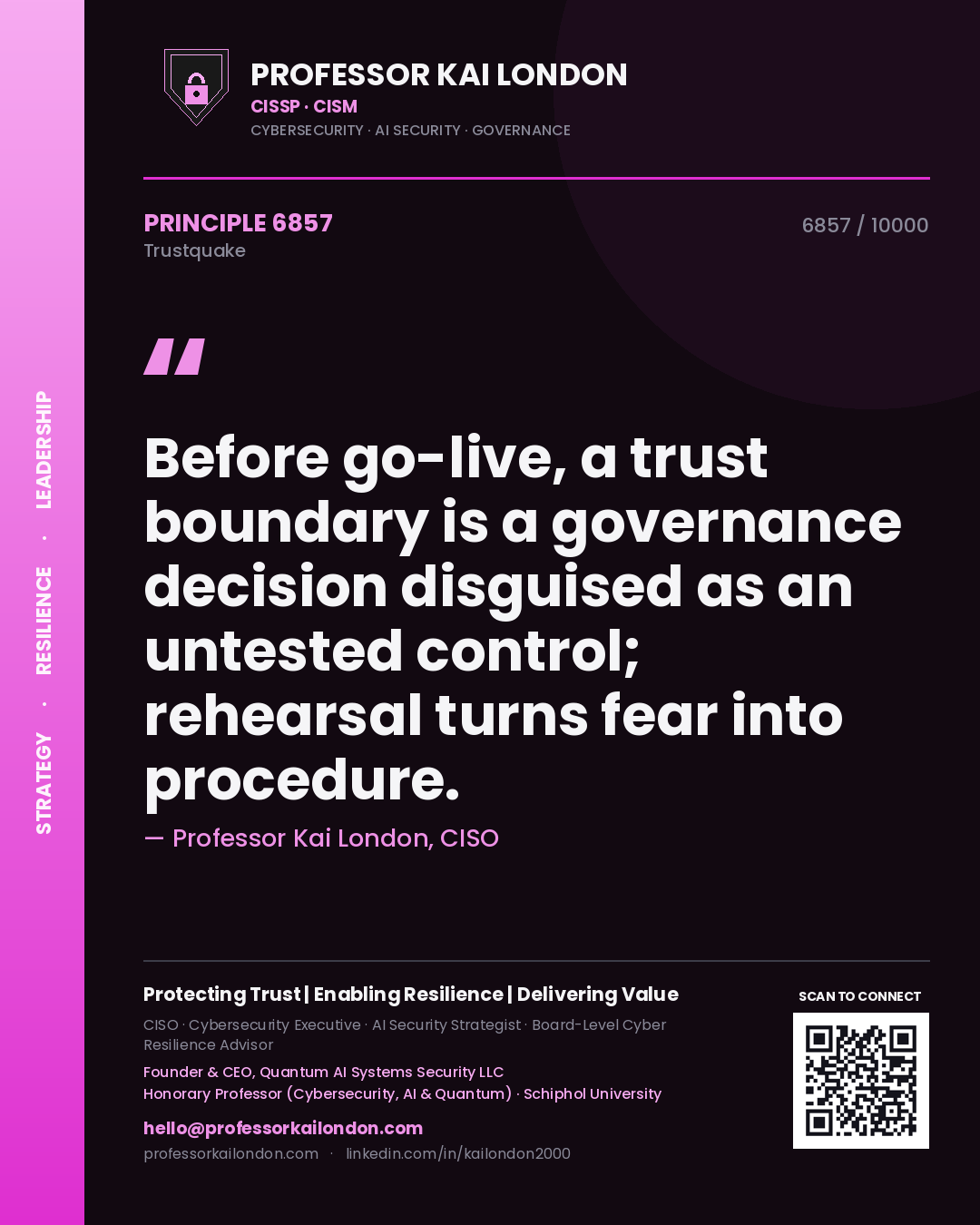 Quote card by Professor Kai London reading 'Before go-live, a trust boundary is a governance decision disguised as an untested control; rehearsal turns fear into procedure.'. From the book Trustquake.