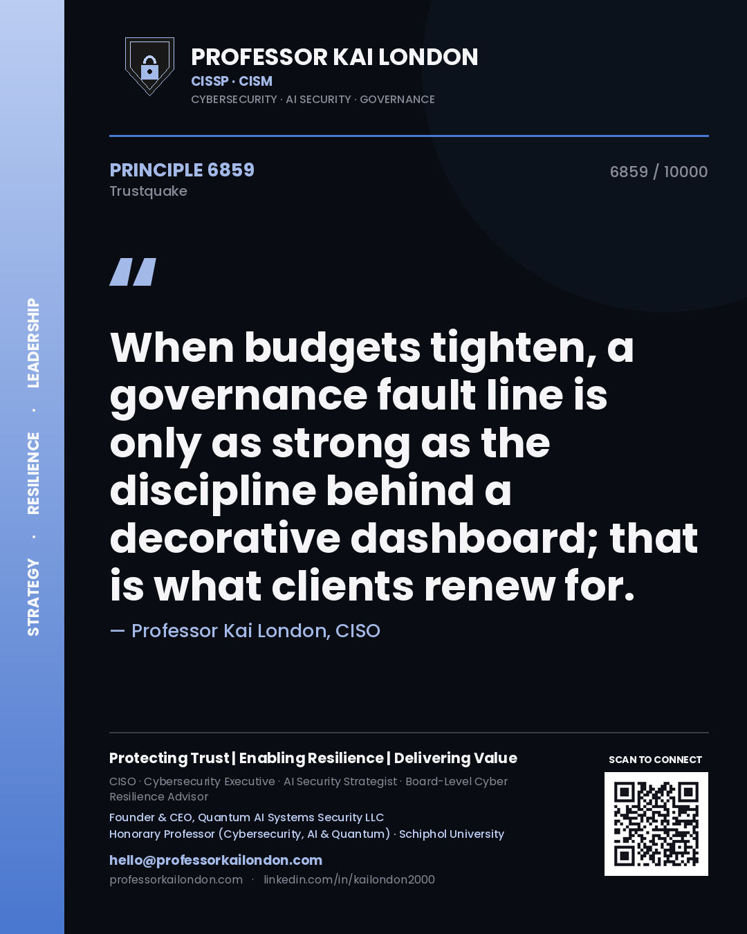 Quote card by Professor Kai London reading 'When budgets tighten, a governance fault line is only as strong as the discipline behind a decorative dashboard; that is what clients renew for.'. From the book Trustquake.