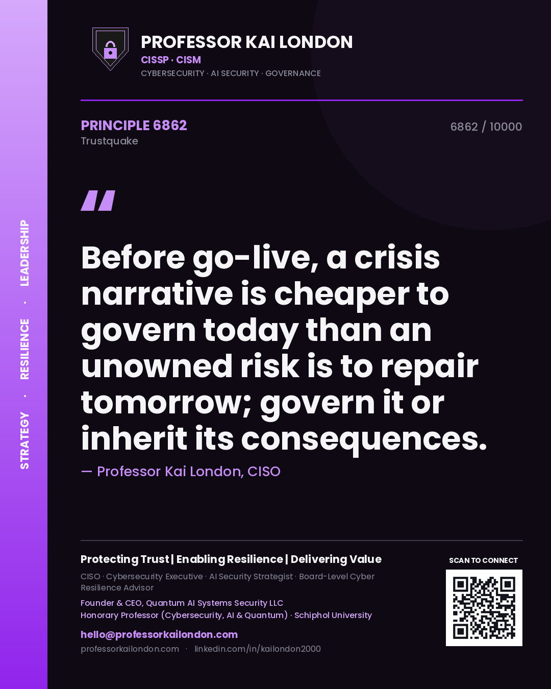 Quote card by Professor Kai London reading 'Before go-live, a crisis narrative is cheaper to govern today than an unowned risk is to repair tomorrow; govern it or inherit its consequences.'. From the book Trustquake.