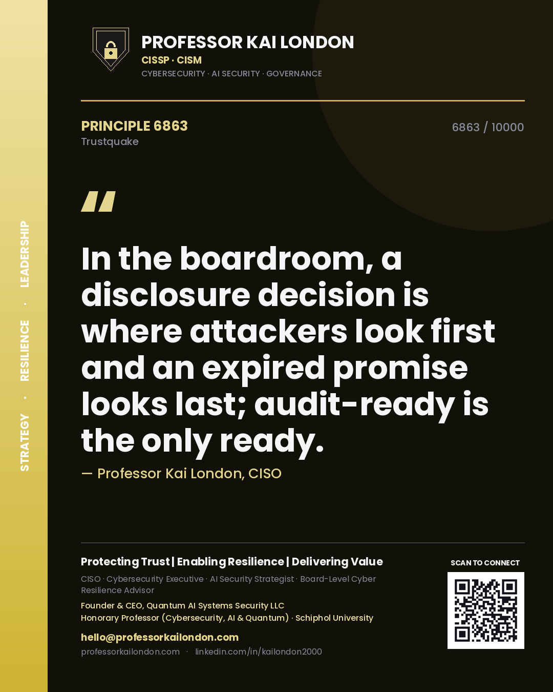 Professor Kai London principle 6863: In the boardroom, a disclosure decision is where attackers look first and an expired promise looks last; audit-ready is the only ready.