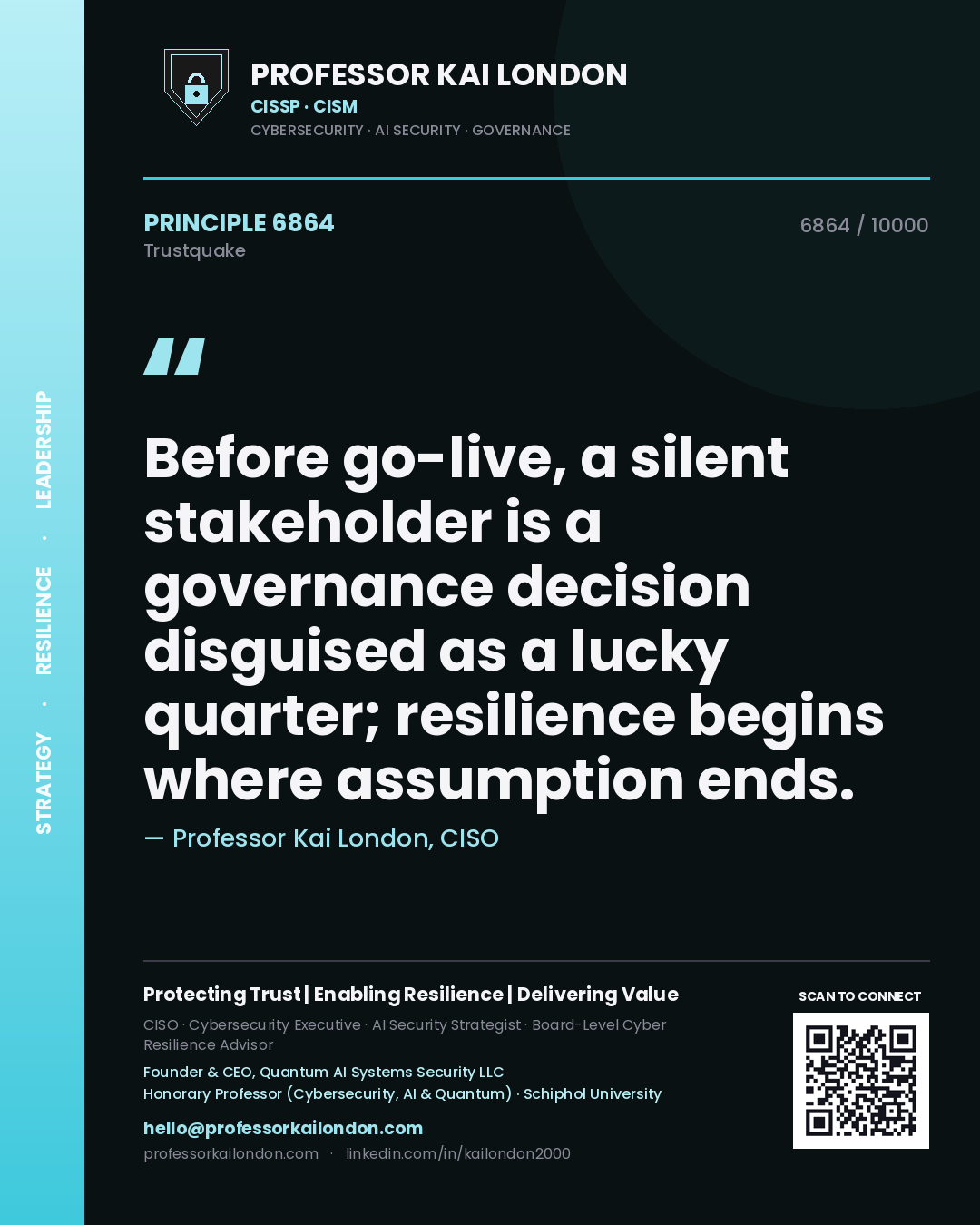 Quote card by Professor Kai London reading 'Before go-live, a silent stakeholder is a governance decision disguised as a lucky quarter; resilience begins where assumption ends.'. From the book Trustquake.